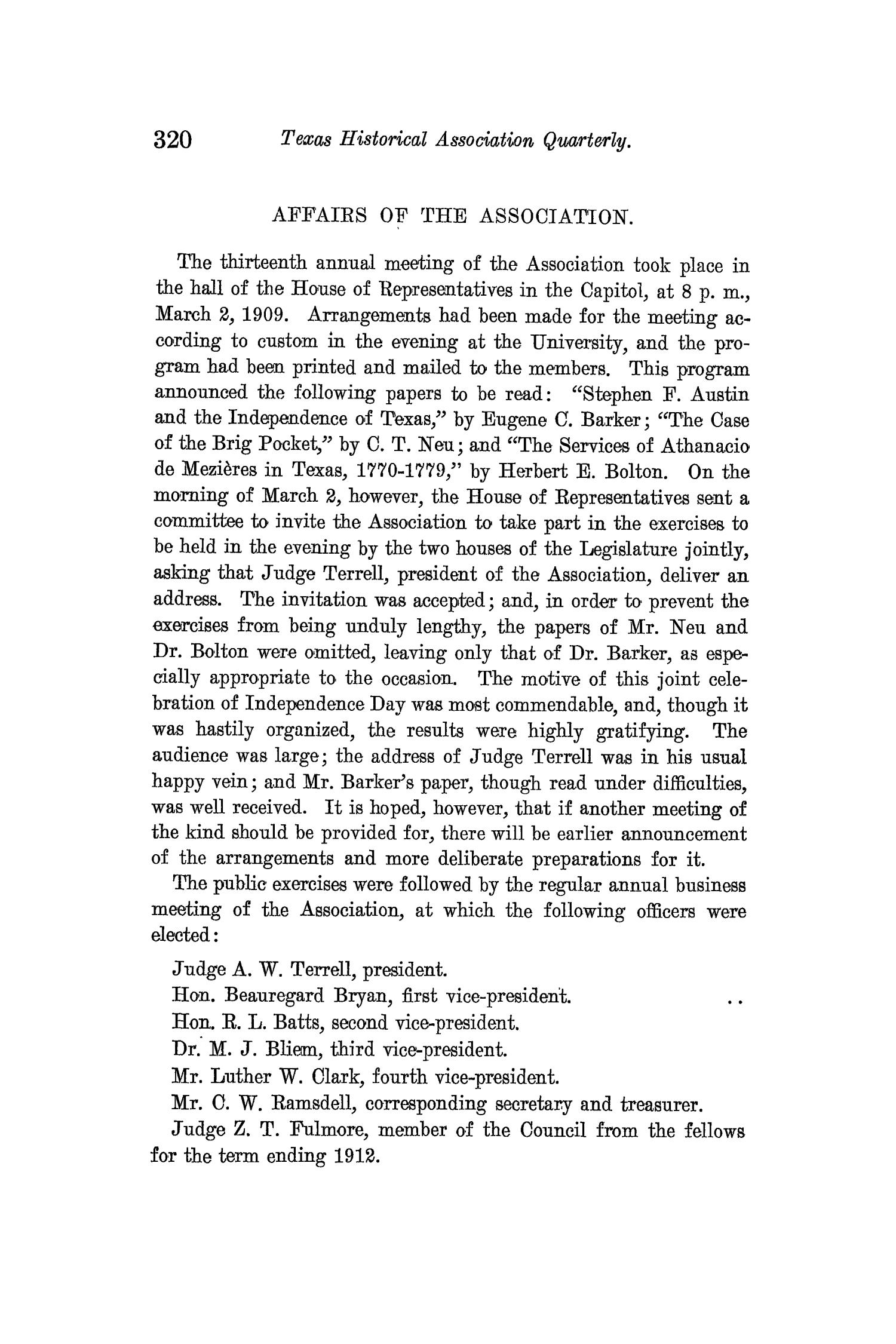The Quarterly of the Texas State Historical Association, Volume 12, July 1908 - April, 1909
                                                
                                                    320
                                                