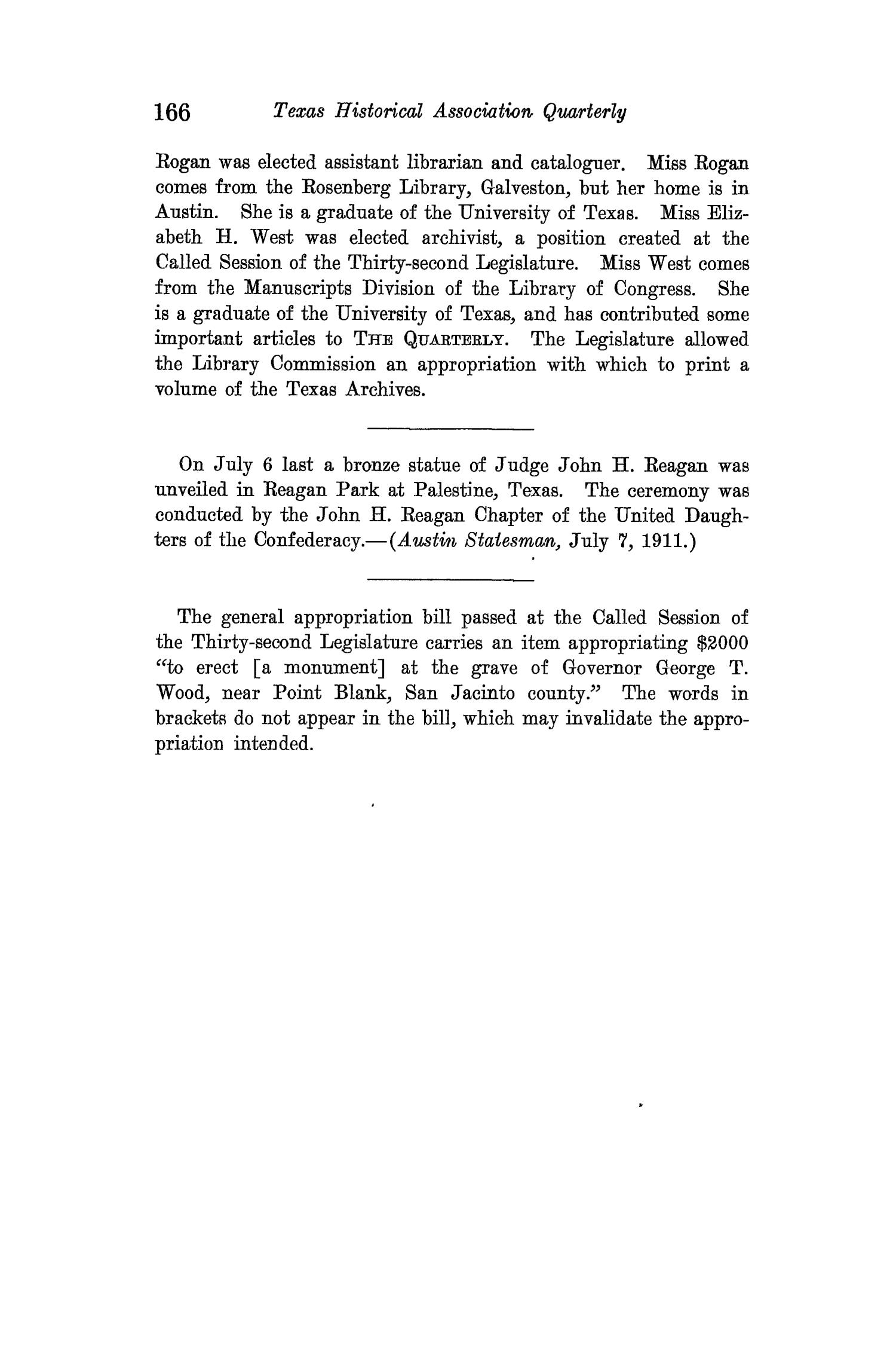 The Quarterly of the Texas State Historical Association, Volume 15, July 1911 - April, 1912
                                                
                                                    166
                                                