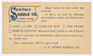 [S. D. Myres Saddle Company Order Card #1]