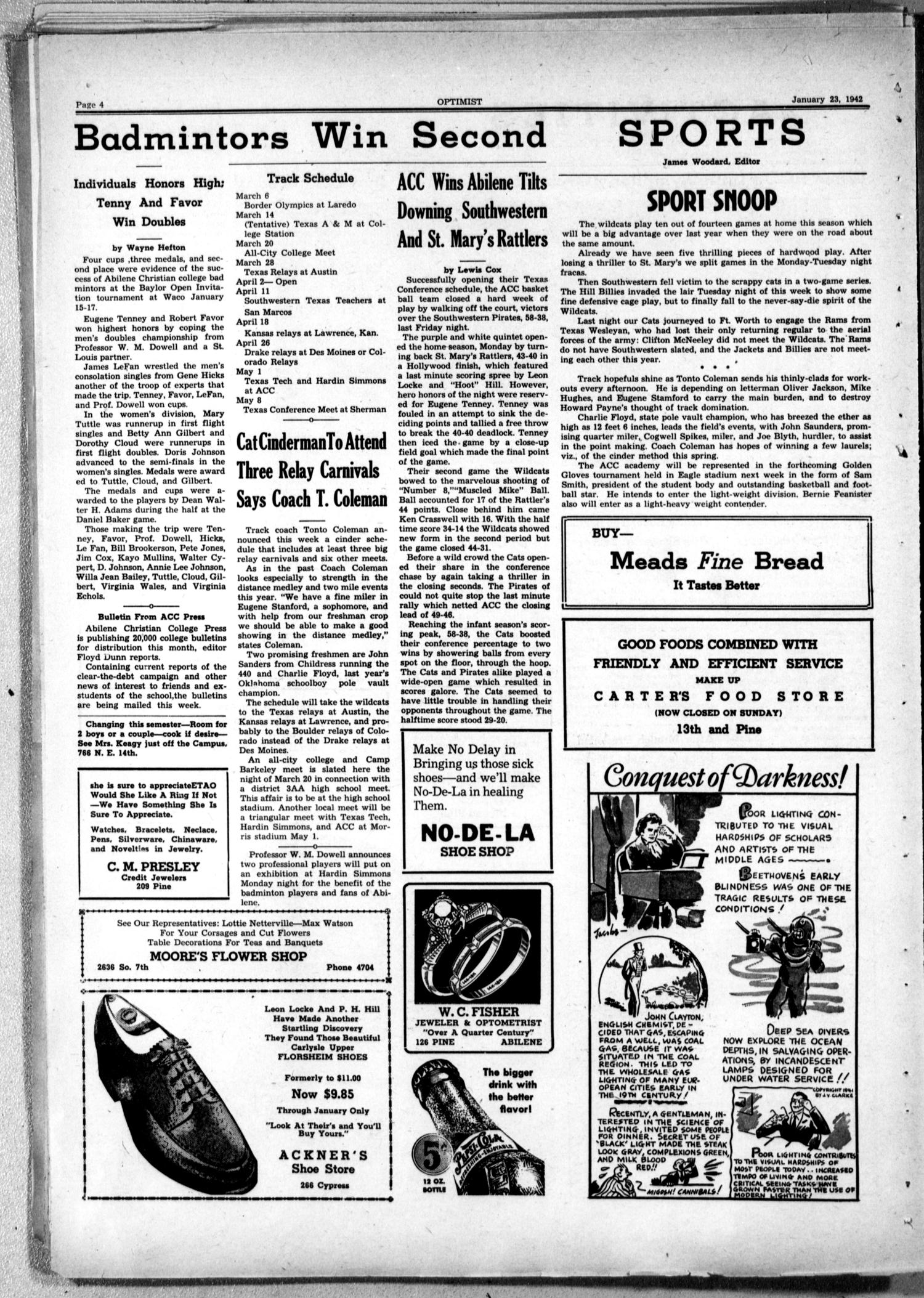 The Optimist (Abilene, Tex.), Vol. 29, No. 14, Ed. 1, Friday, January 23, 1942
                                                
                                                    [Sequence #]: 4 of 4
                                                