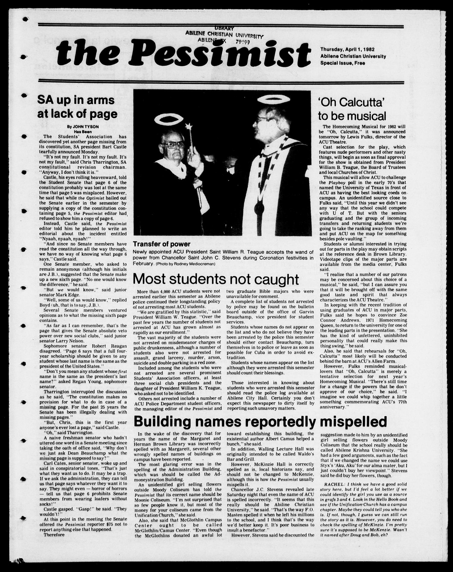 The Optimist (Abilene, Tex.), Ed. 1, Thursday, April 1, 1982
                                                
                                                    [Sequence #]: 1 of 8
                                                