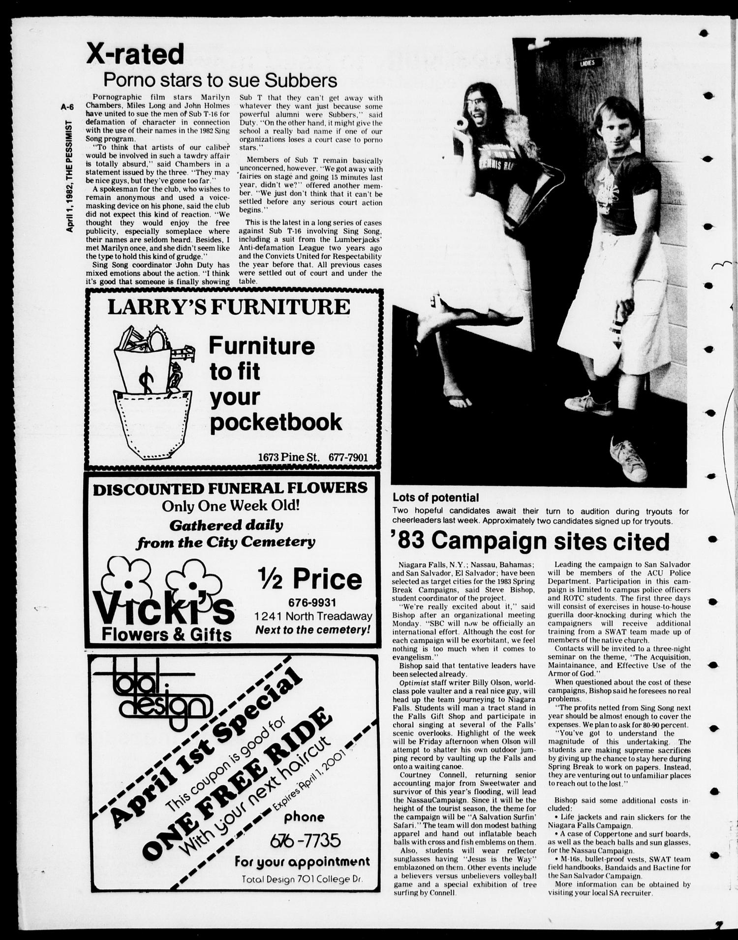 The Optimist (Abilene, Tex.), Ed. 1, Thursday, April 1, 1982
                                                
                                                    [Sequence #]: 6 of 8
                                                