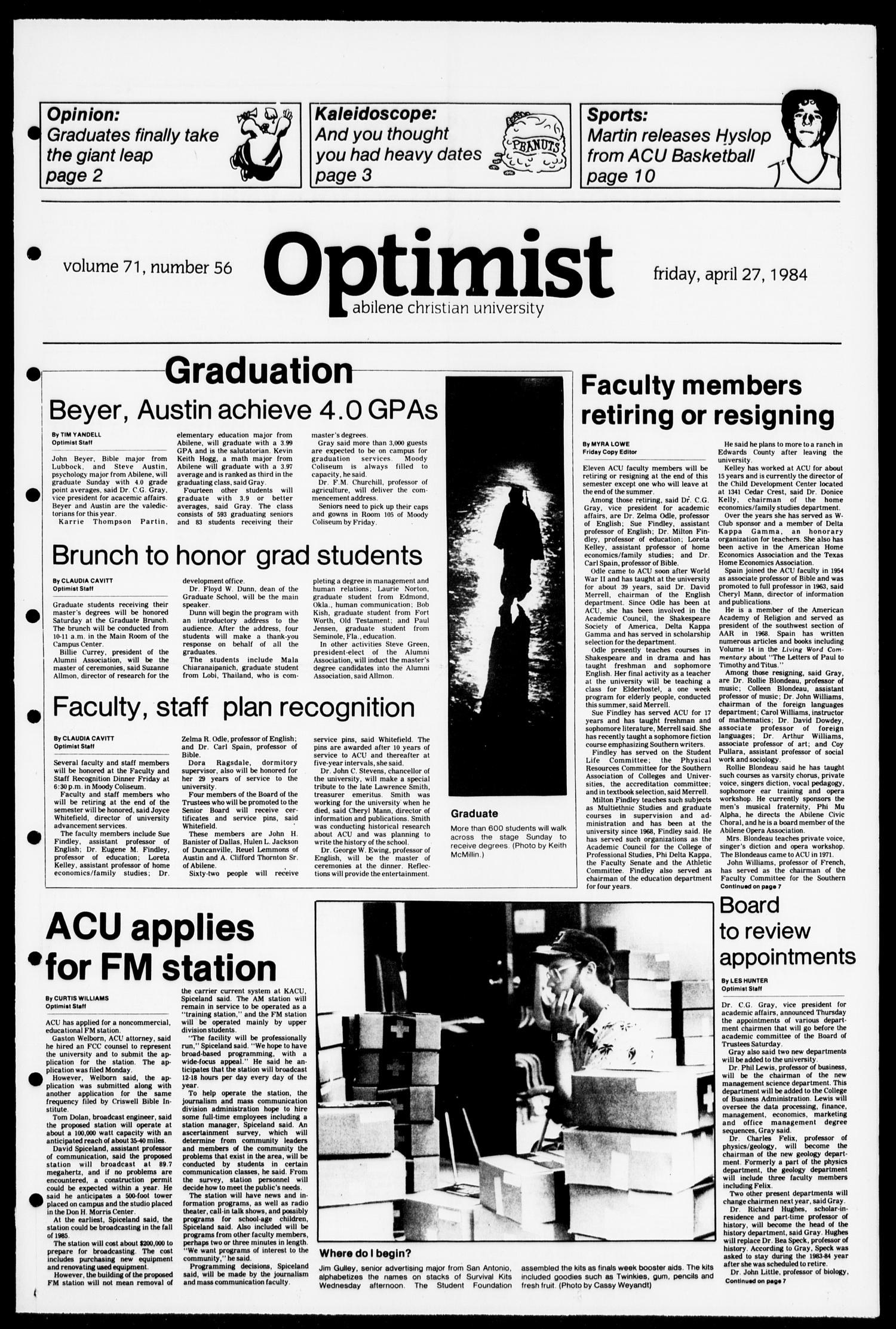 The Optimist (Abilene, Tex.), Vol. 71, No. 56, Ed. 1, Friday, April 27, 1984
                                                
                                                    [Sequence #]: 1 of 12
                                                
