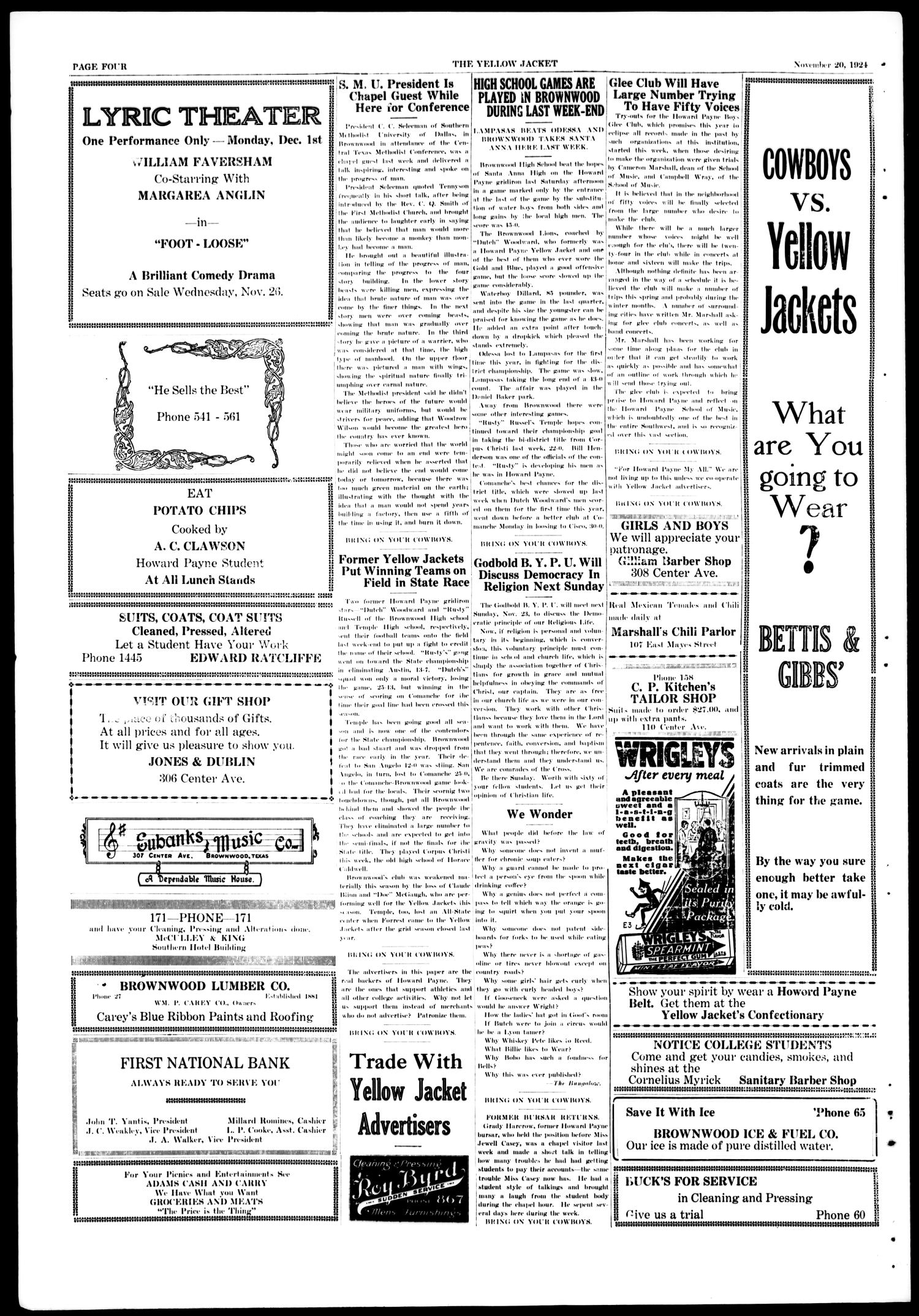 The Yellow Jacket (Brownwood, Tex.), Vol. 11, No. 9, Ed. 1, Thursday, November 20, 1924
                                                
                                                    [Sequence #]: 4 of 4
                                                