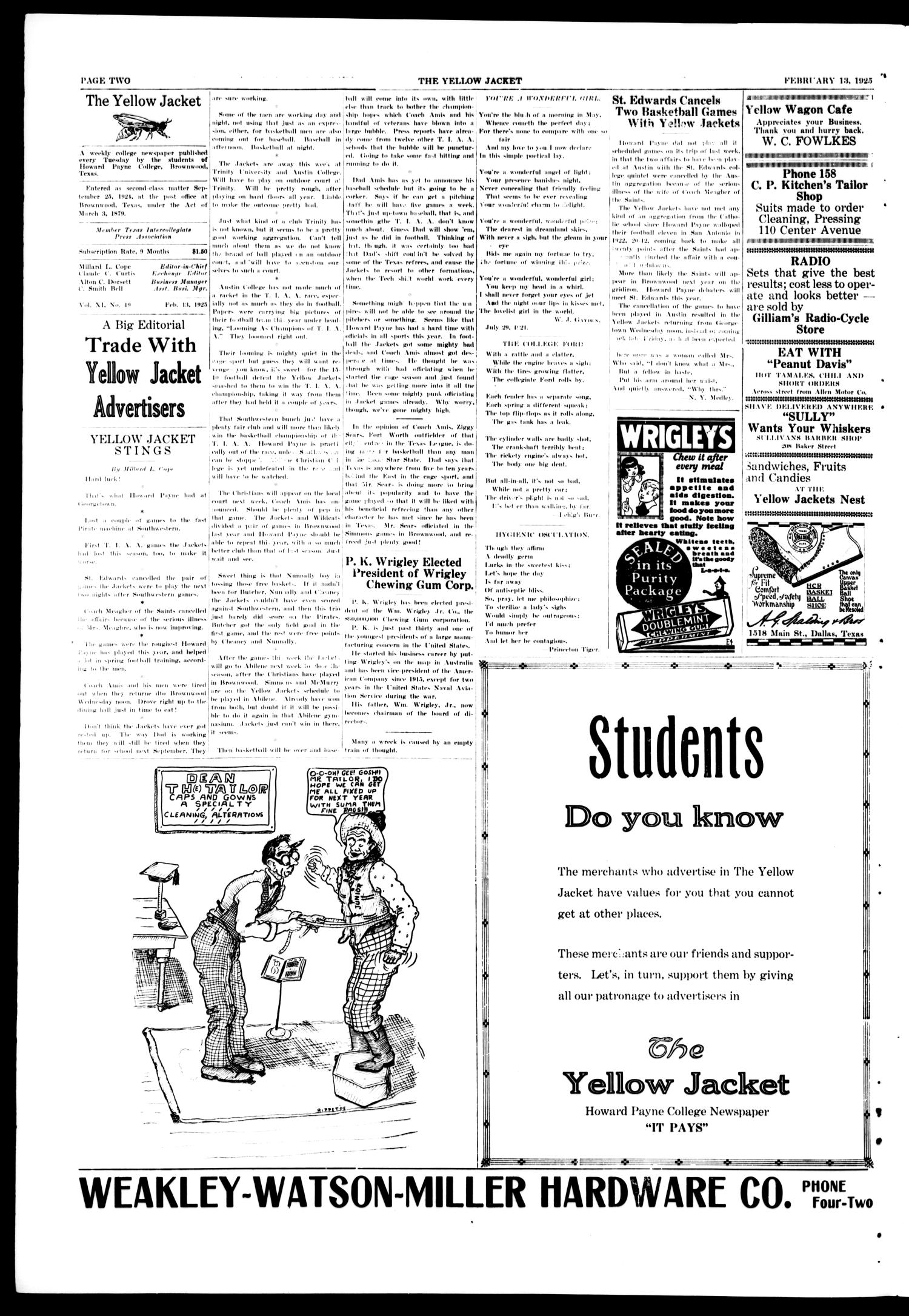 The Yellow Jacket (Brownwood, Tex.), Vol. 11, No. 19, Ed. 1, Friday, February 13, 1925
                                                
                                                    [Sequence #]: 2 of 4
                                                