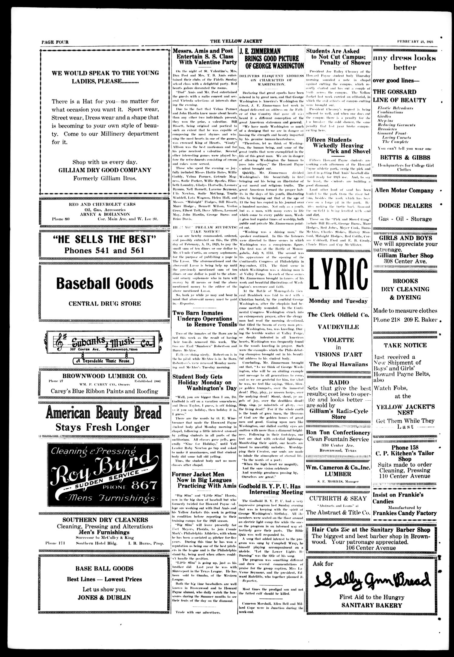 The Yellow Jacket (Brownwood, Tex.), Vol. 11, No. 21, Ed. 1, Friday, February 27, 1925
                                                
                                                    [Sequence #]: 4 of 4
                                                