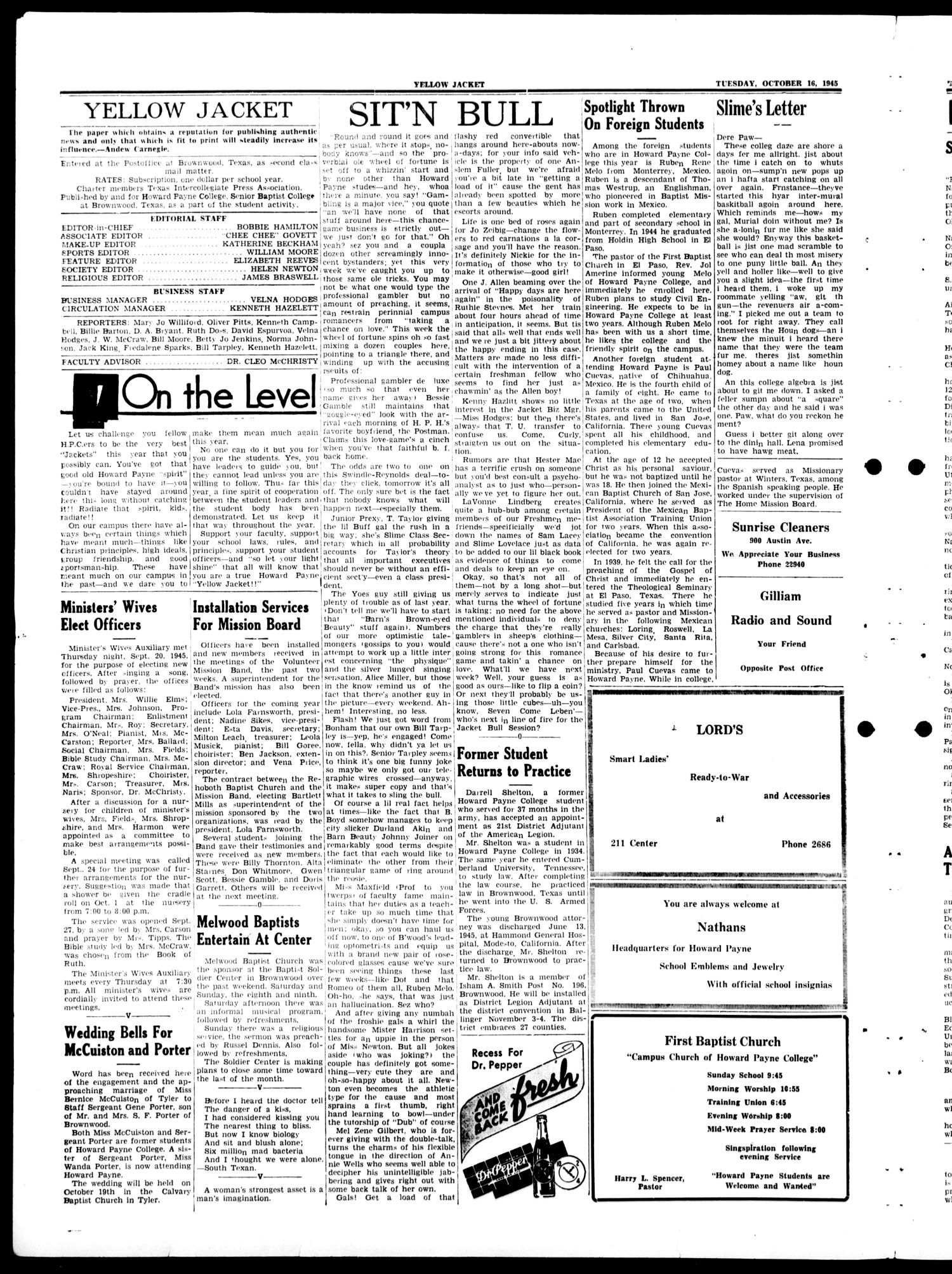 Yellow Jacket (Brownwood, Tex.), Ed. 1, Tuesday, October 16, 1945
                                                
                                                    [Sequence #]: 2 of 4
                                                