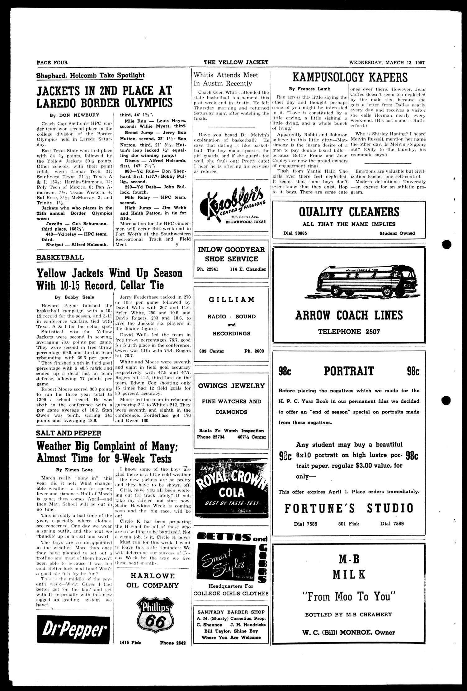 Yellow Jacket (Brownwood, Tex.), Vol. XXXXIV, No. 20, Ed. 1, Wednesday, March 13, 1957
                                                
                                                    [Sequence #]: 4 of 4
                                                