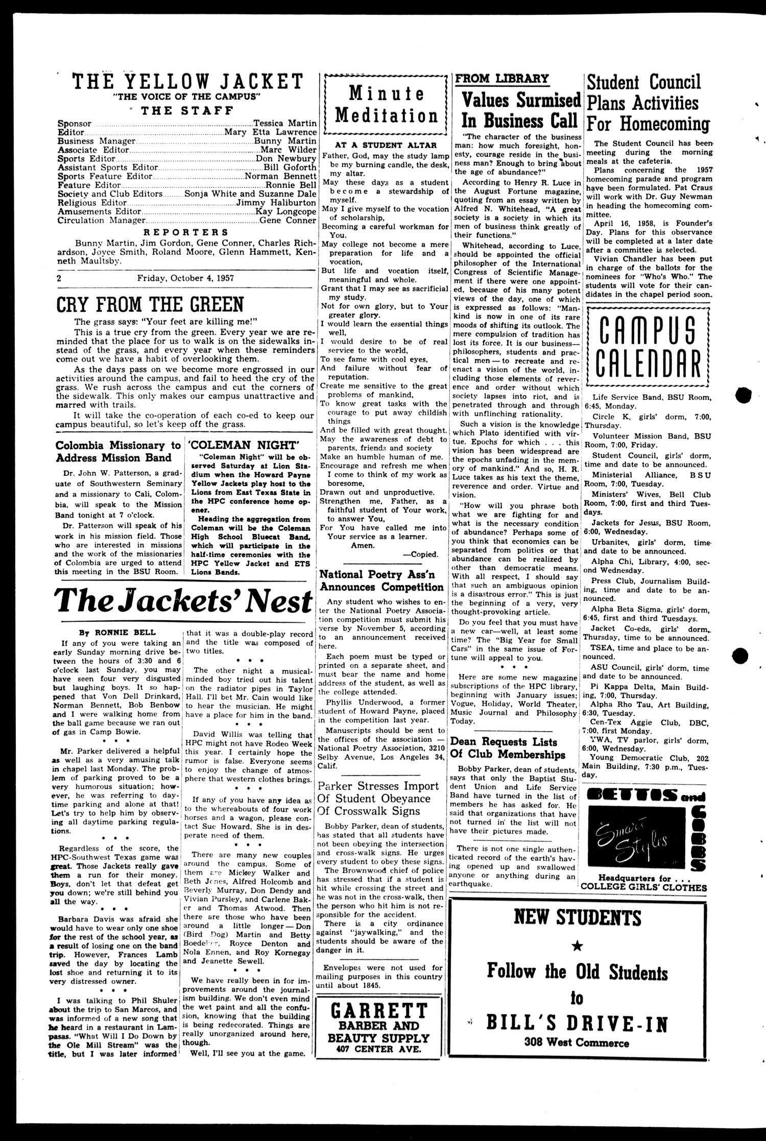 The Howard Payne College Yellow Jacket (Brownwood, Tex.), Vol. XXXXV, No. 3, Ed. 1, Friday, October 4, 1957
                                                
                                                    [Sequence #]: 2 of 4
                                                