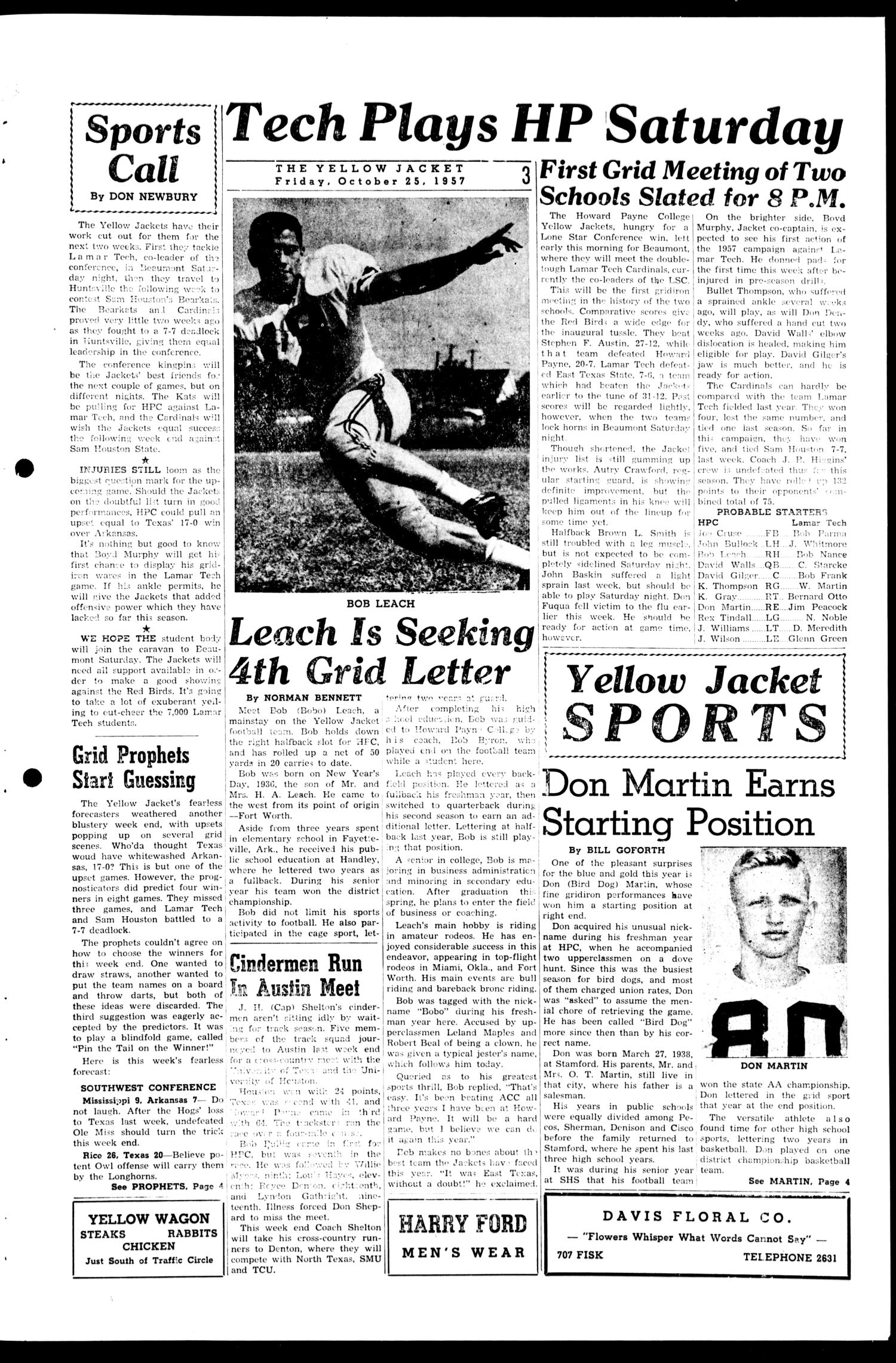The Howard Payne College Yellow Jacket (Brownwood, Tex.), Vol. XXXXV, No. 6, Ed. 1, Friday, October 25, 1957
                                                
                                                    [Sequence #]: 3 of 4
                                                