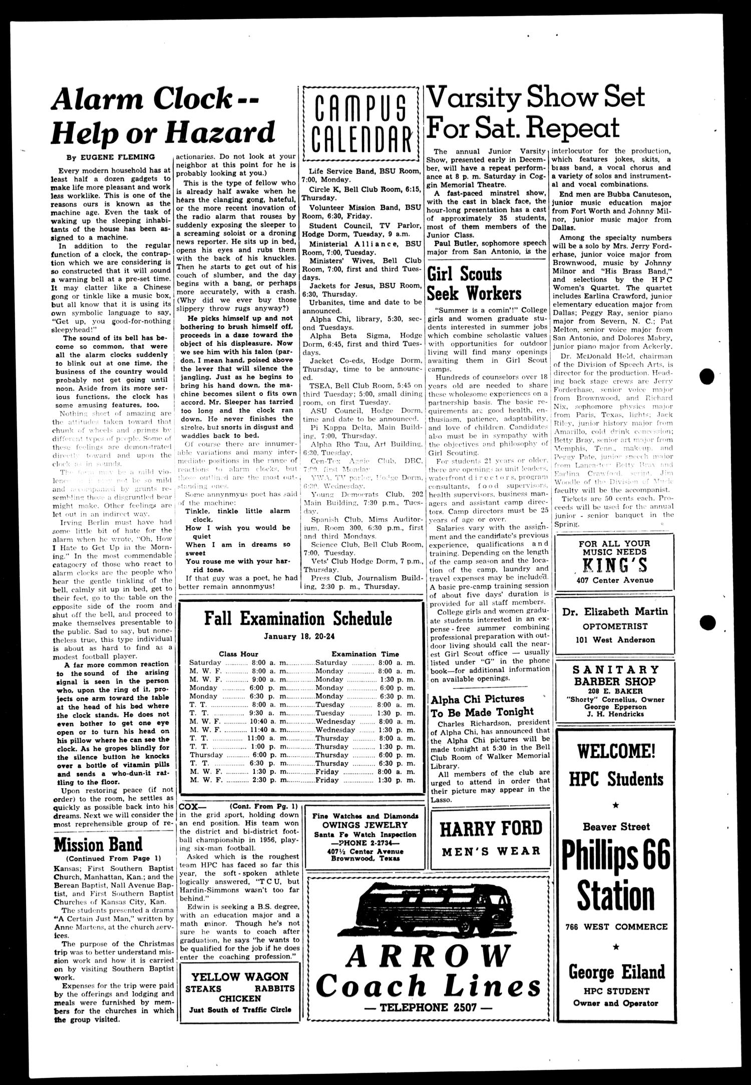 The Howard Payne College Yellow Jacket (Brownwood, Tex.), Vol. XXXXV, No. 14, Ed. 1, Friday, January 10, 1958
                                                
                                                    [Sequence #]: 4 of 4
                                                