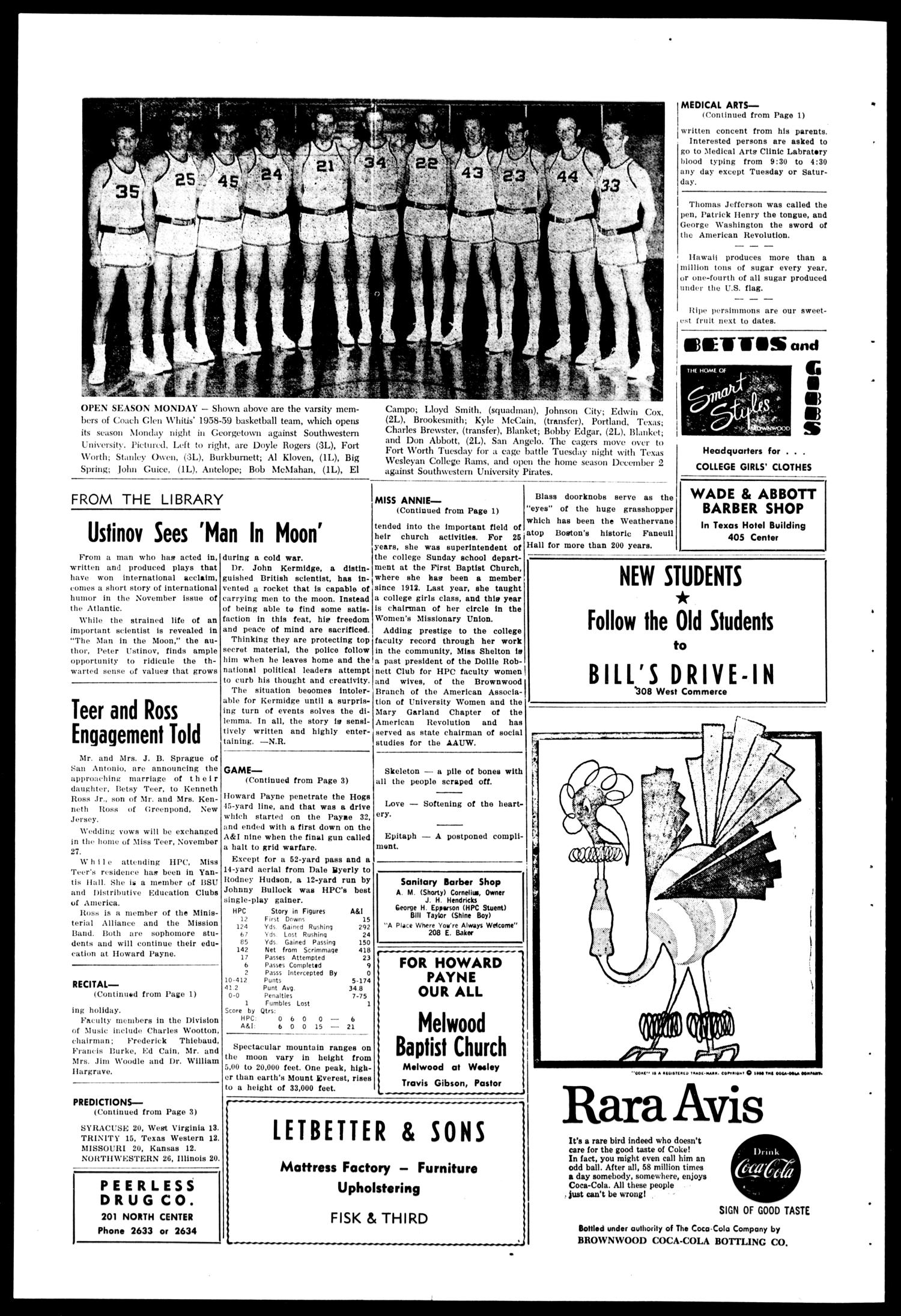 The Howard Payne College Yellow Jacket (Brownwood, Tex.), Vol. XXXXVI, No. 10, Ed. 1, Friday, November 21, 1958
                                                
                                                    [Sequence #]: 4 of 4
                                                