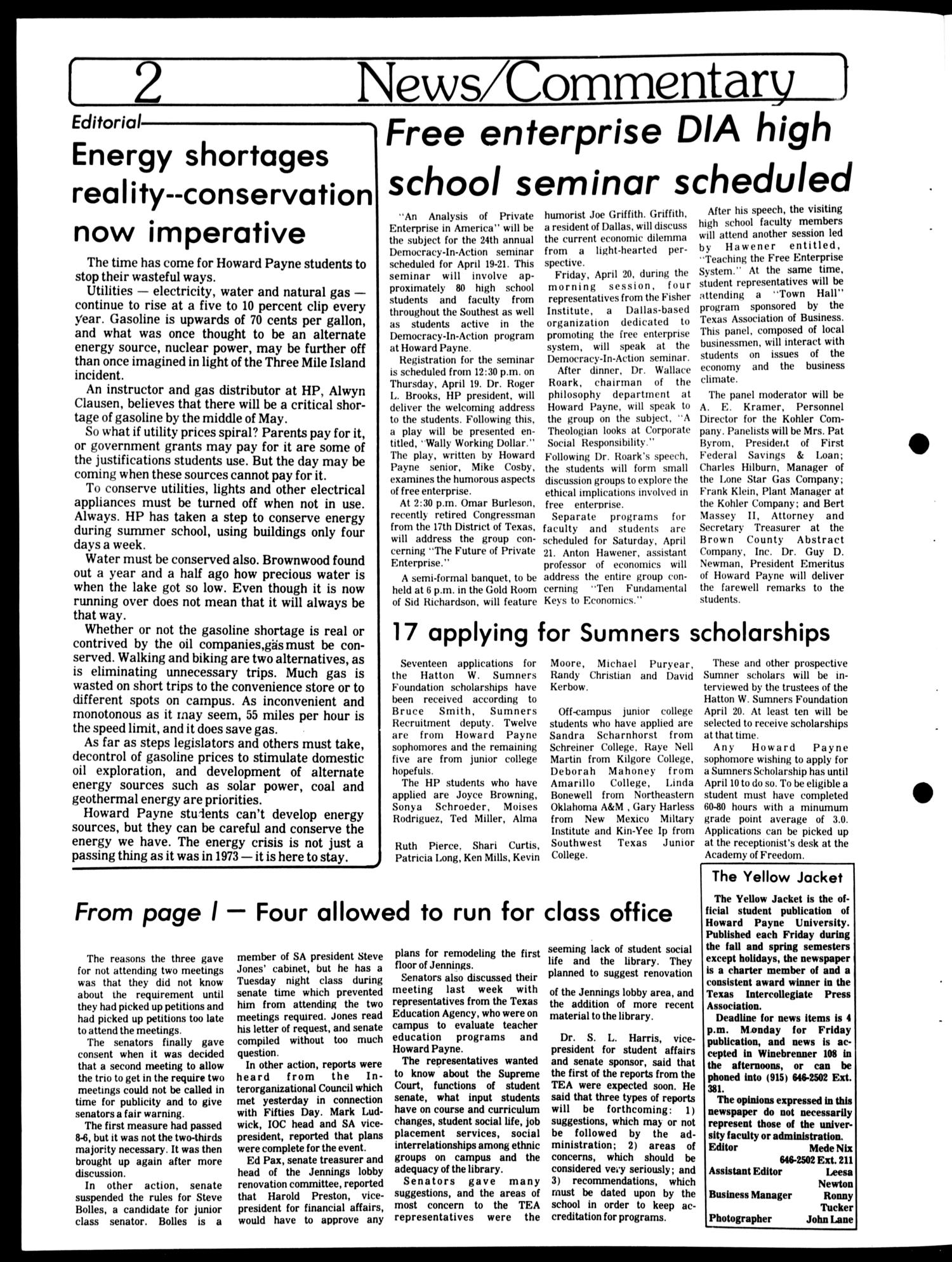 The Howard Payne University Yellow Jacket (Brownwood, Tex.), Vol. 66, No. 23, Ed. 1, Friday, April 6, 1979
                                                
                                                    [Sequence #]: 2 of 4
                                                
