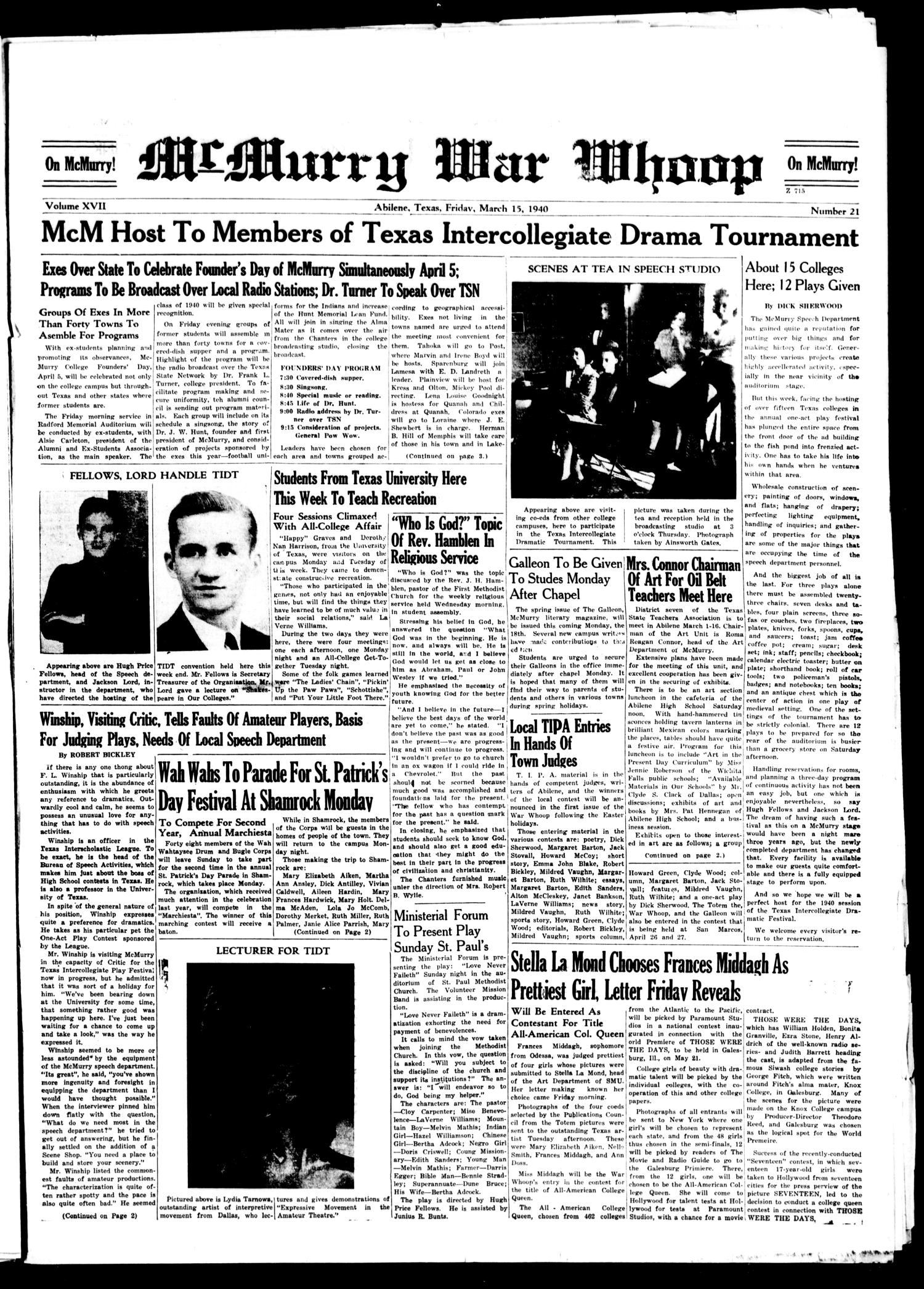McMurry War Whoop (Abilene, Tex.), Vol. 17, No. 21, Ed. 1, Friday, March 15, 1940
                                                
                                                    [Sequence #]: 1 of 4
                                                