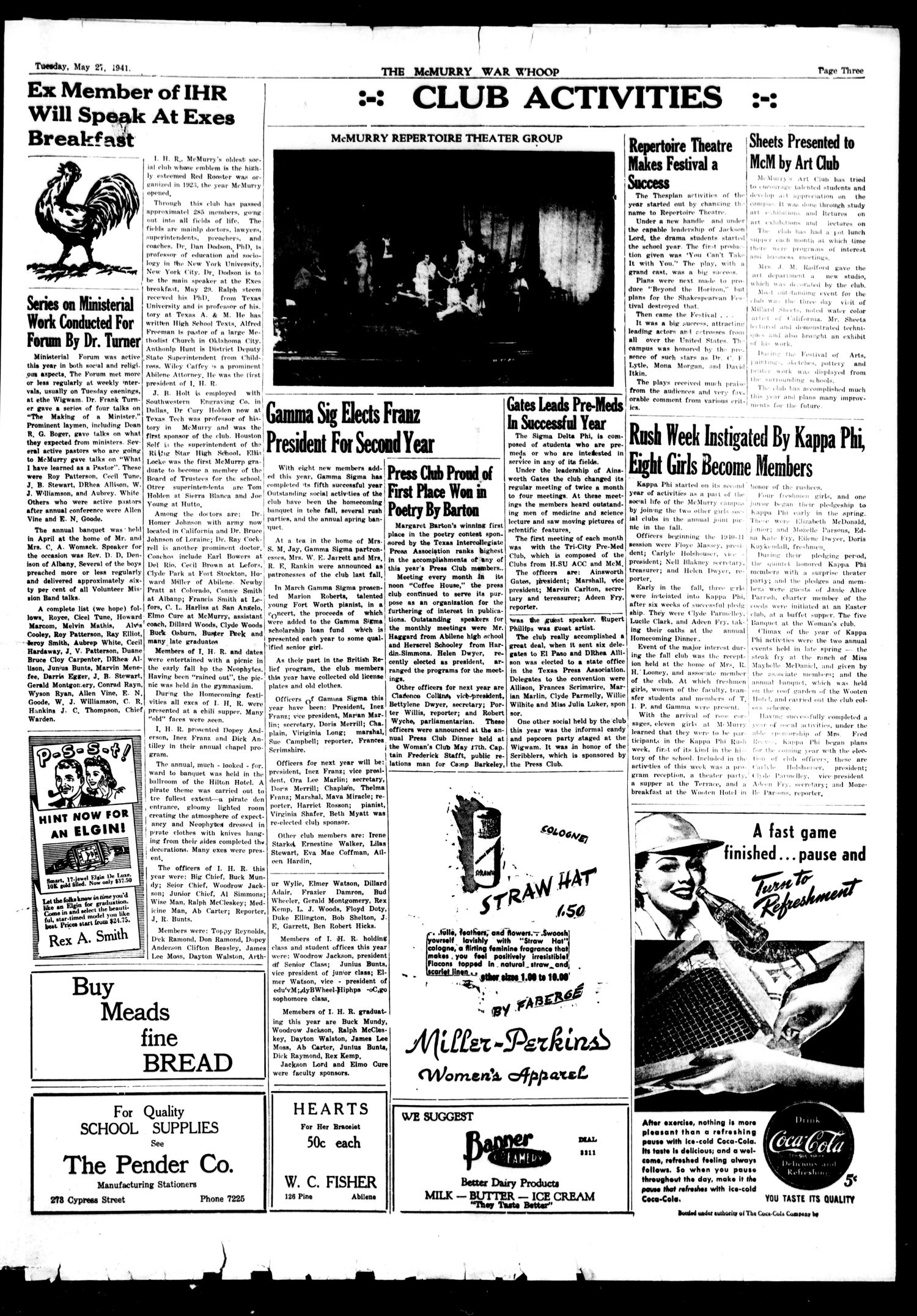 McMurry War Whoop (Abilene, Tex.), Vol. 18, No. 29, Ed. 1, Tuesday, May 27, 1941
                                                
                                                    [Sequence #]: 3 of 6
                                                