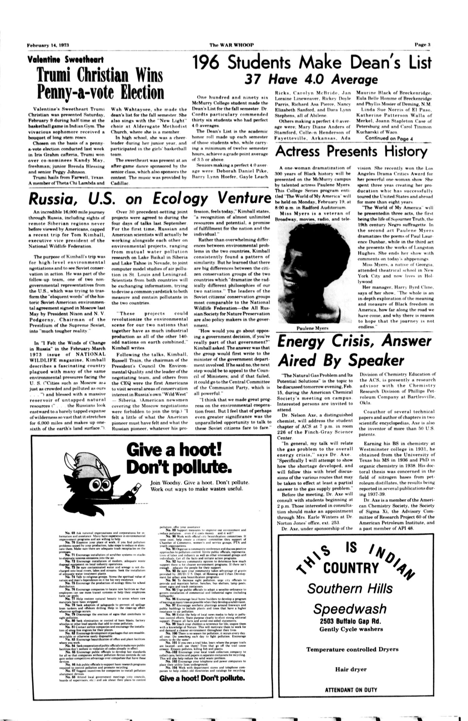 The War Whoop (Abilene, Tex.), Vol. 50, No. 17, Ed. 1, Wednesday, February 14, 1973
                                                
                                                    [Sequence #]: 3 of 4
                                                