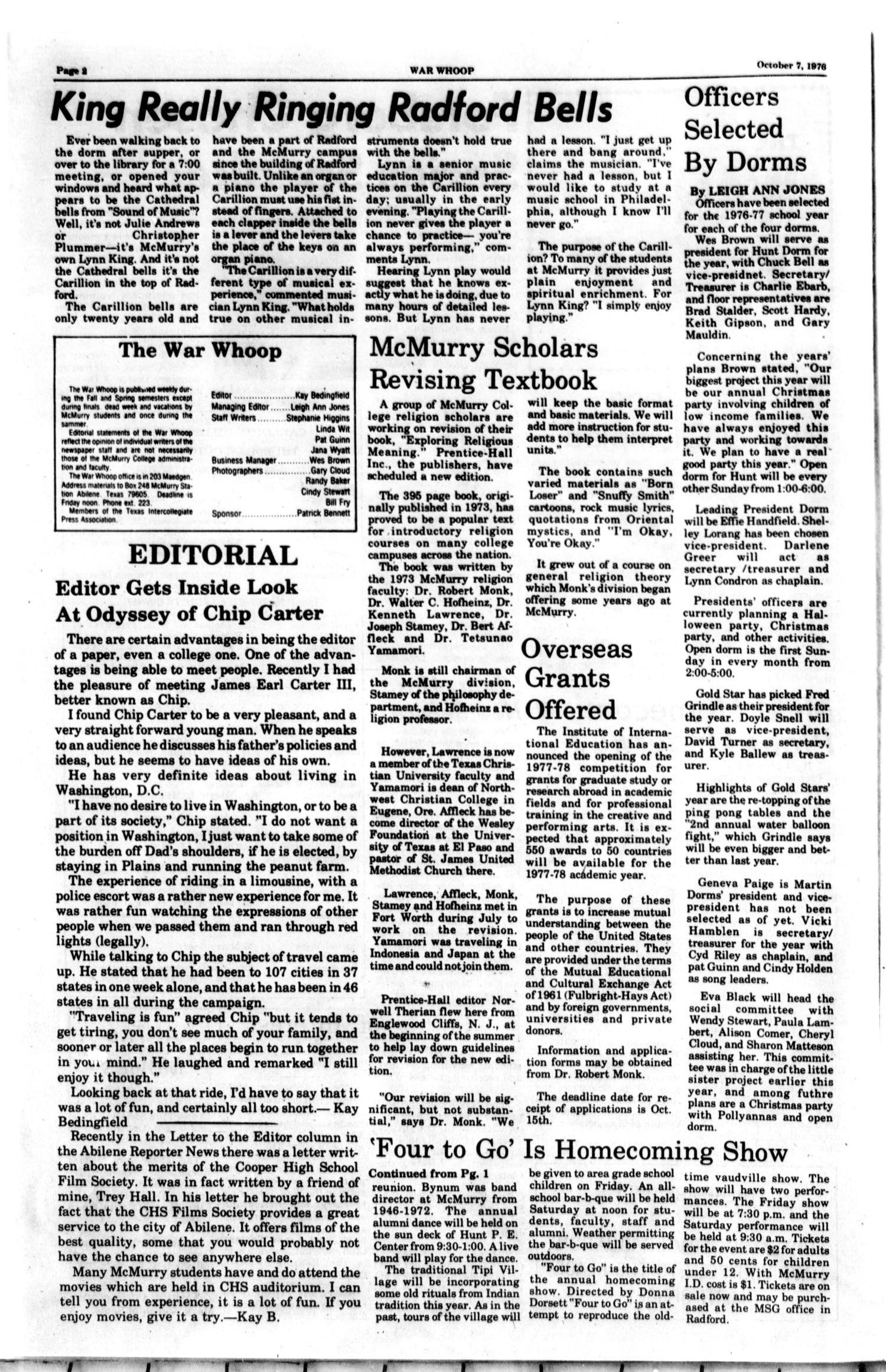 The War Whoop (Abilene, Tex.), Vol. 54, No. 5, Ed. 1, Thursday, October 7, 1976
                                                
                                                    [Sequence #]: 2 of 4
                                                