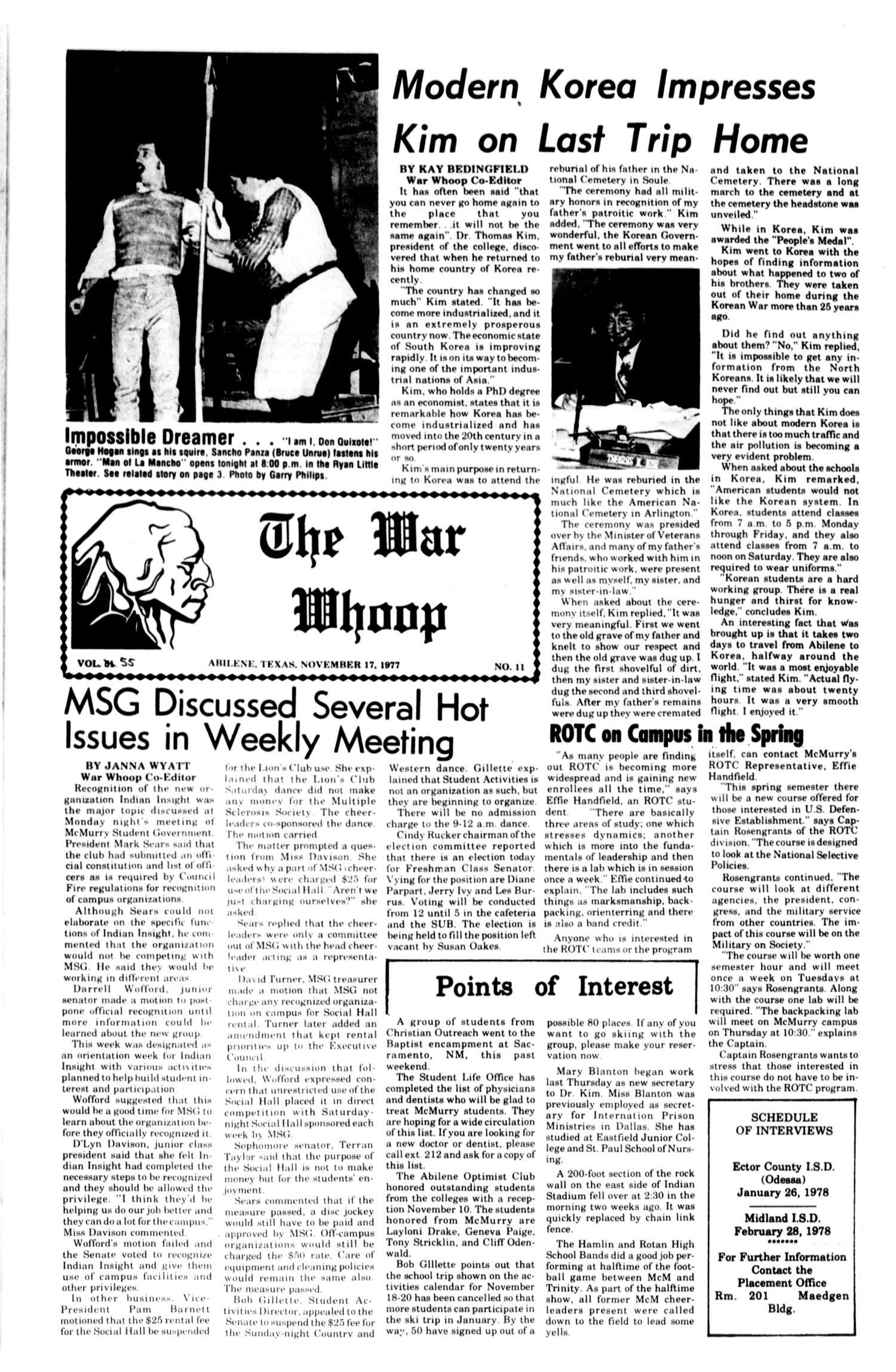 The War Whoop (Abilene, Tex.), Vol. 55, No. 11, Ed. 1, Thursday, November 17, 1977
                                                
                                                    [Sequence #]: 1 of 4
                                                