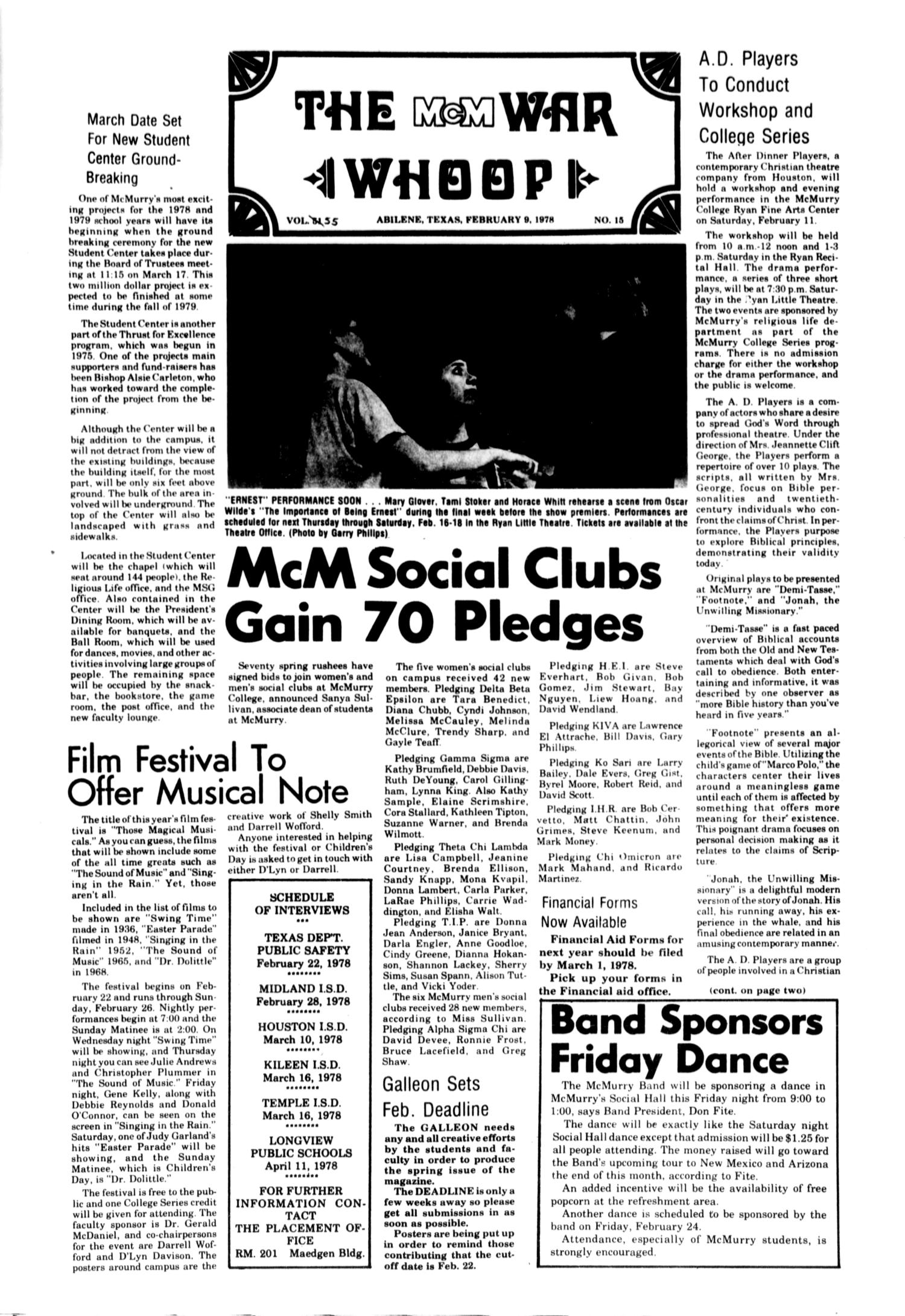 The McM War Whoop (Abilene, Tex.), Vol. 55, No. 15, Ed. 1, Thursday, February 9, 1978
                                                
                                                    [Sequence #]: 1 of 4
                                                