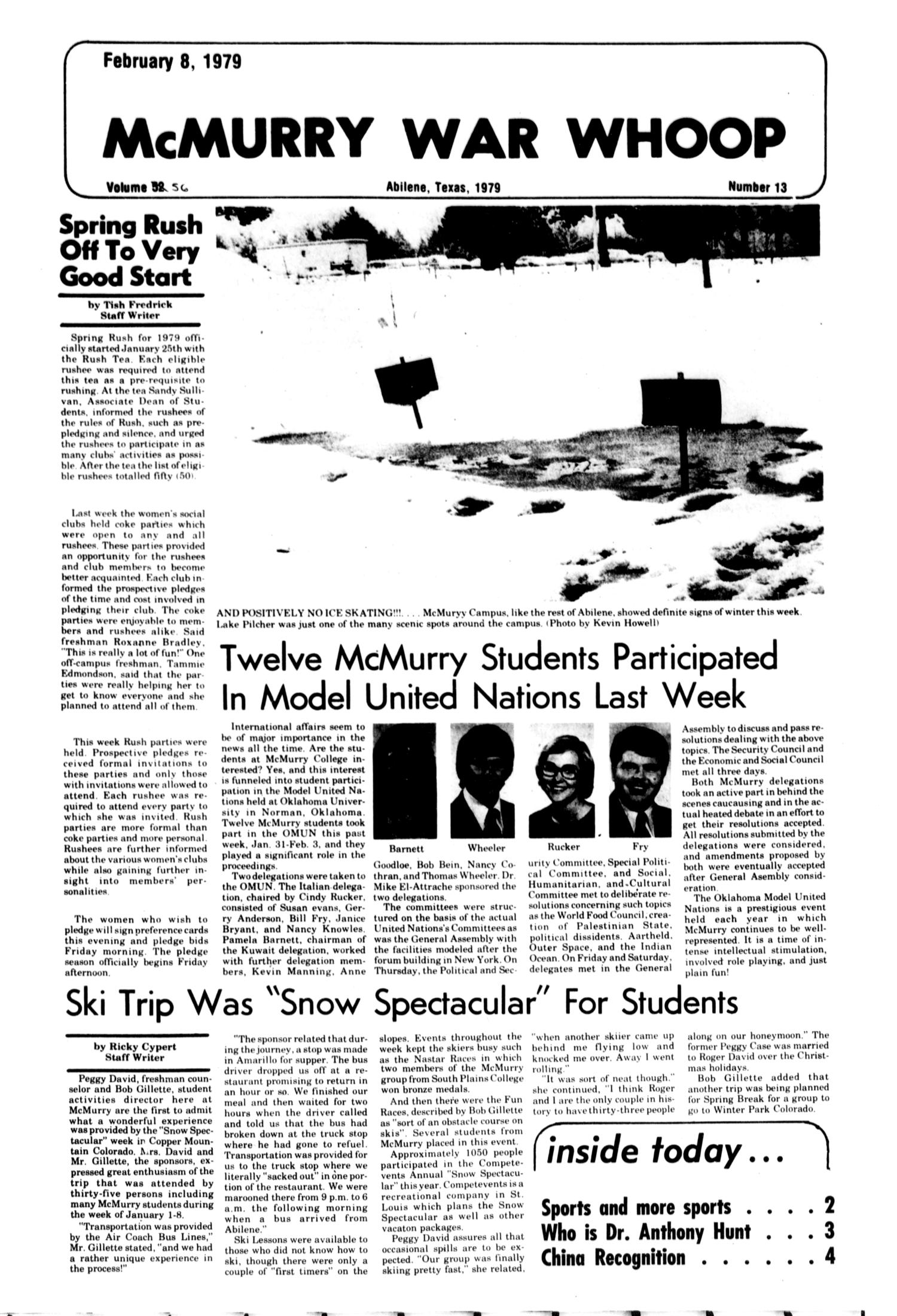 McMurry War Whoop (Abilene, Tex.), Vol. 56, No. 13, Ed. 1, Thursday, February 8, 1979
                                                
                                                    [Sequence #]: 1 of 4
                                                