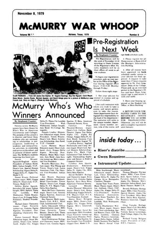 Primary view of object titled 'McMurry War Whoop (Abilene, Tex.), Vol. 57, No. 8, Ed. 1, Thursday, November 8, 1979'.
