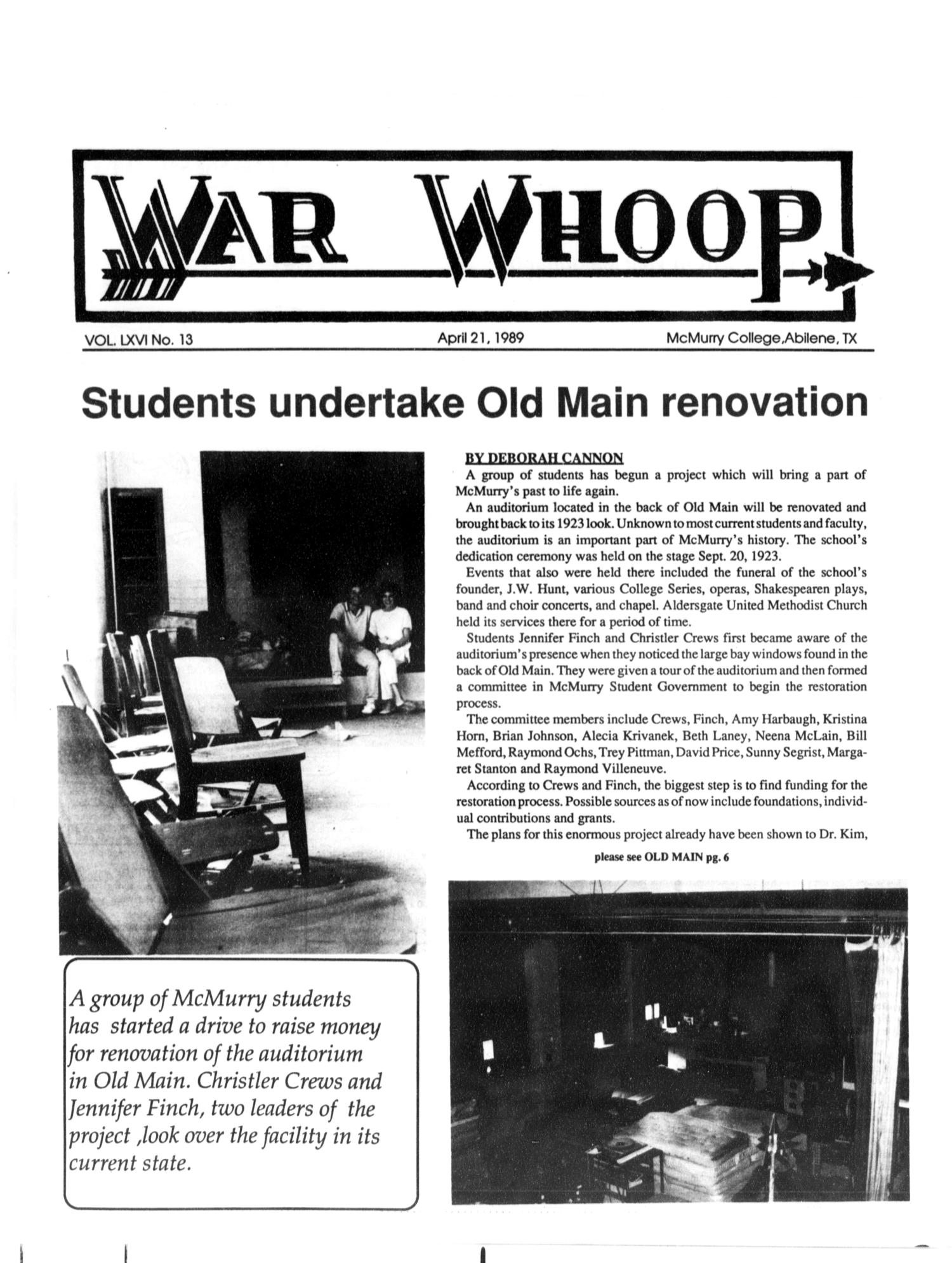 War Whoop (Abilene, Tex.), Vol. 66, No. 13, Ed. 1, Friday, April 21, 1989
                                                
                                                    [Sequence #]: 1 of 8
                                                