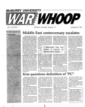 Primary view of object titled 'McMurry University War Whoop (Abilene, Tex.), Vol. 68, No. 7, Ed. 1, Tuesday, January 29, 1991'.