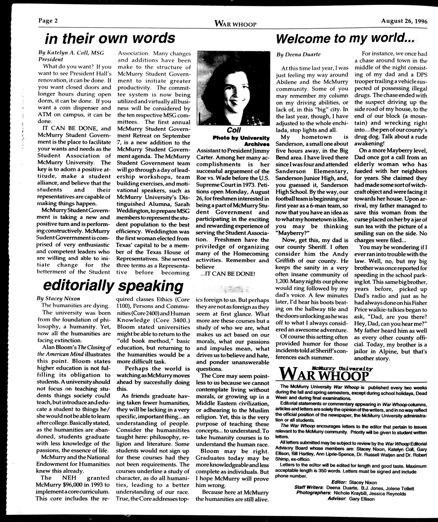 McMurry University War Whoop (Abilene, Tex.), Vol. 39, No. 1, Ed. 1, Monday, August 26, 1996
                                                
                                                    [Sequence #]: 2 of 4
                                                