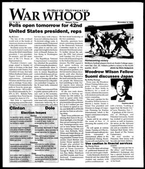 Primary view of object titled 'McMurry University War Whoop (Abilene, Tex.), Vol. 74, No. 6, Ed. 1, Monday, November 4, 1996'.