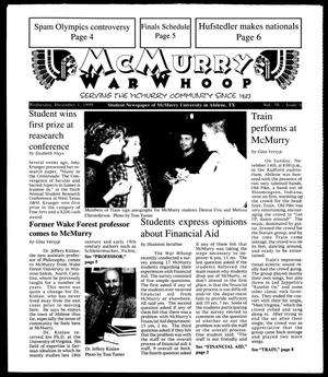 Primary view of object titled 'McMurry War Whoop (Abilene, Tex.), Vol. 76, No. 6, Ed. 1, Wednesday, December 1, 1999'.