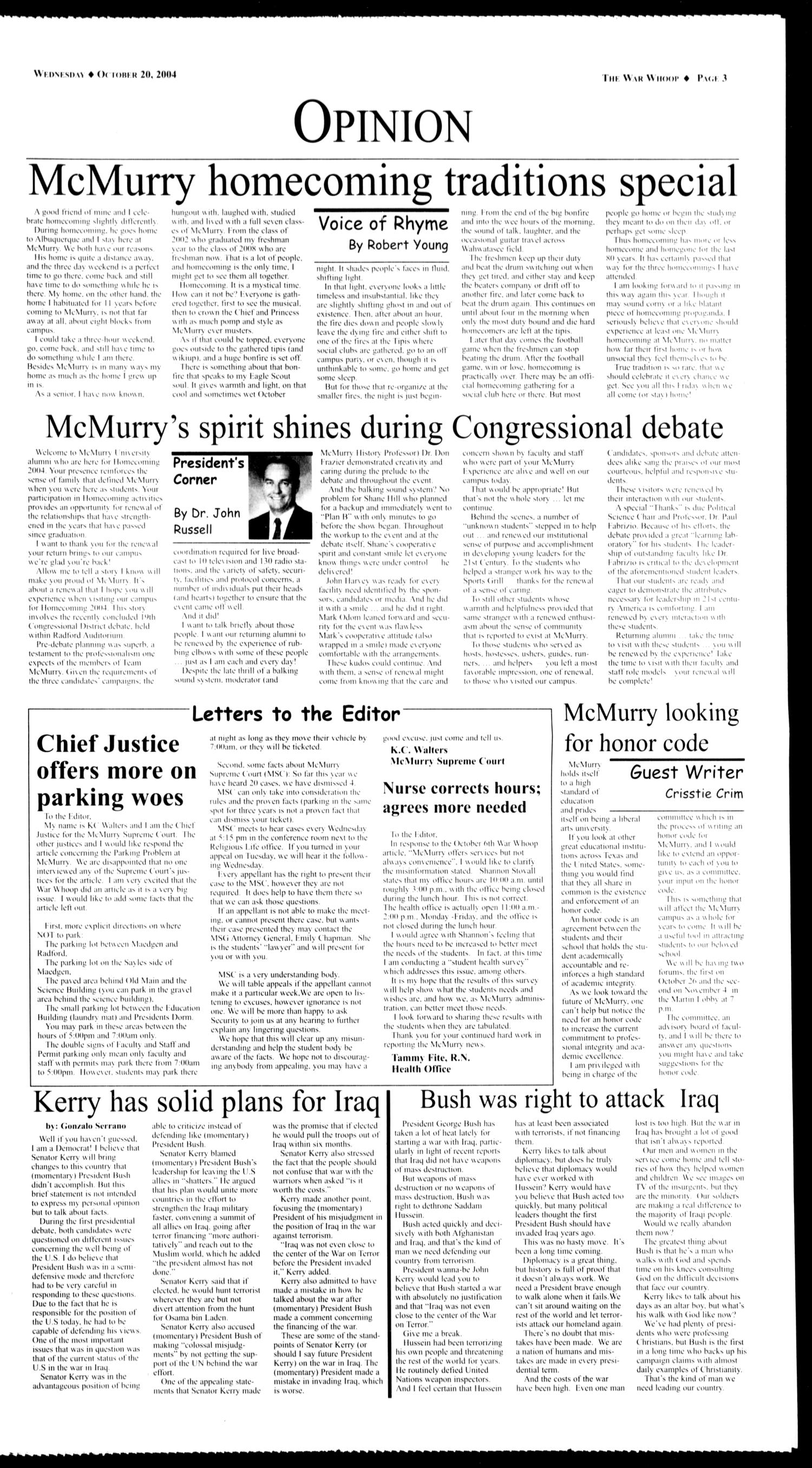 McMurry University, The War Whoop (Abilene, Tex.), Vol. 81, No. 3, Ed. 1, Wednesday, October 20, 2004
                                                
                                                    [Sequence #]: 3 of 6
                                                