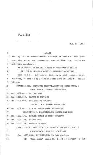 Primary view of object titled '85th Texas Legislature, Regular Session, House Bill 2803, Chapter 869'.