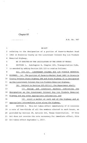 Primary view of object titled '85th Texas Legislature, Regular Session, House Bill 947, Chapter 85'.