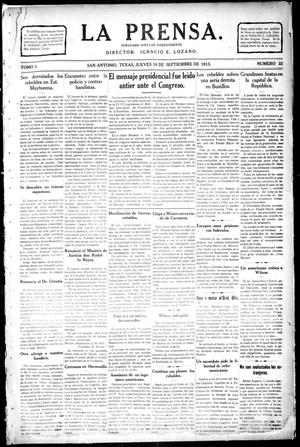 Primary view of object titled 'La Prensa. (San Antonio, Tex.), Vol. 1, No. 32, Ed. 1 Thursday, September 18, 1913'.