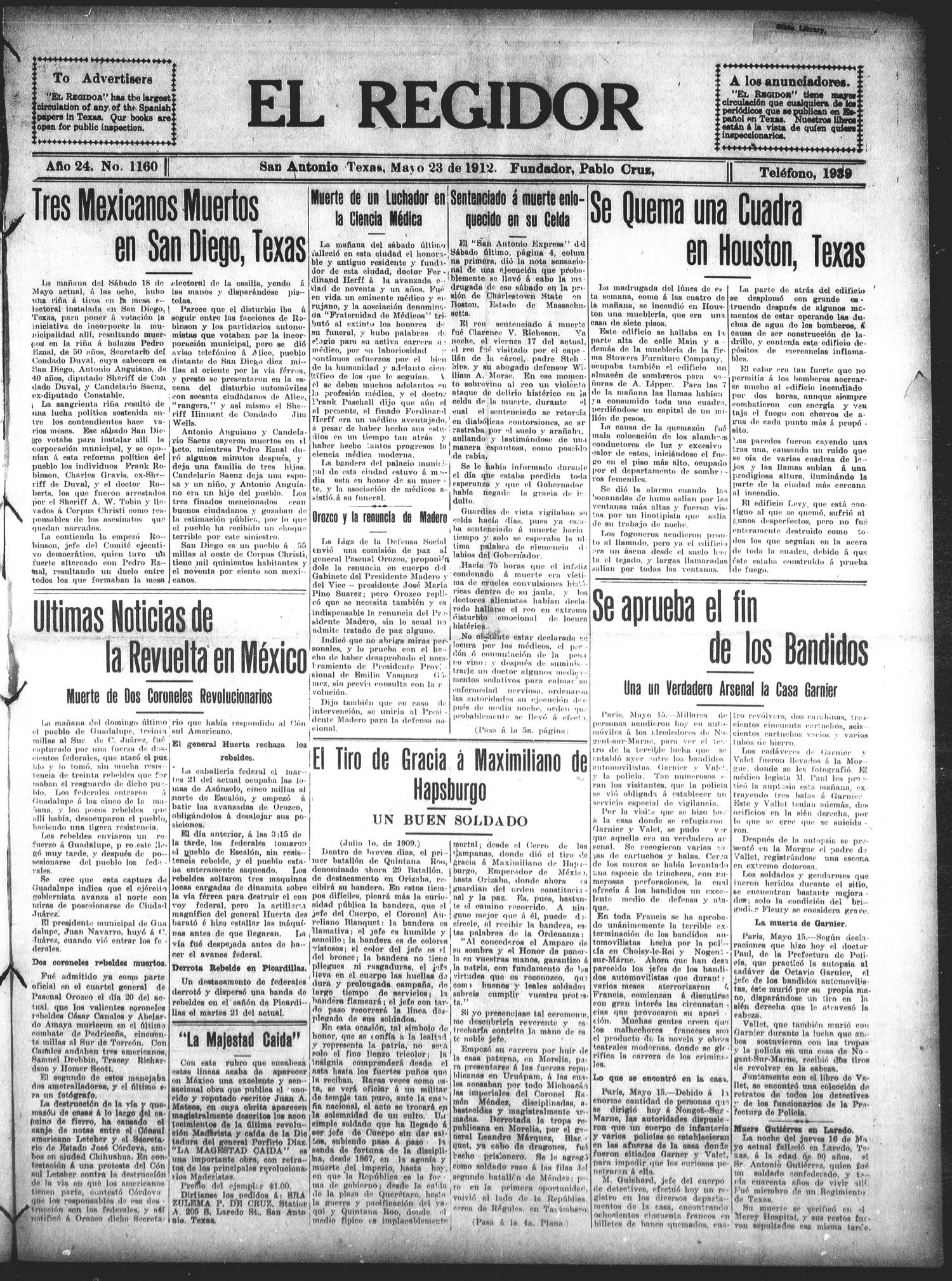 El Regidor (San Antonio, Tex.), Vol. 24, No. 1160, Ed. 1 Thursday, May 23, 1912
                                                
                                                    [Sequence #]: 1 of 8
                                                