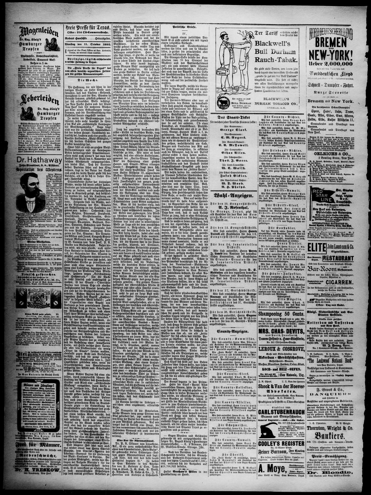 Freie Presse für Texas. (San Antonio, Tex.), Vol. 28, No. 3193, Ed. 1 Tuesday, October 11, 1892
                                                
                                                    [Sequence #]: 2 of 4
                                                