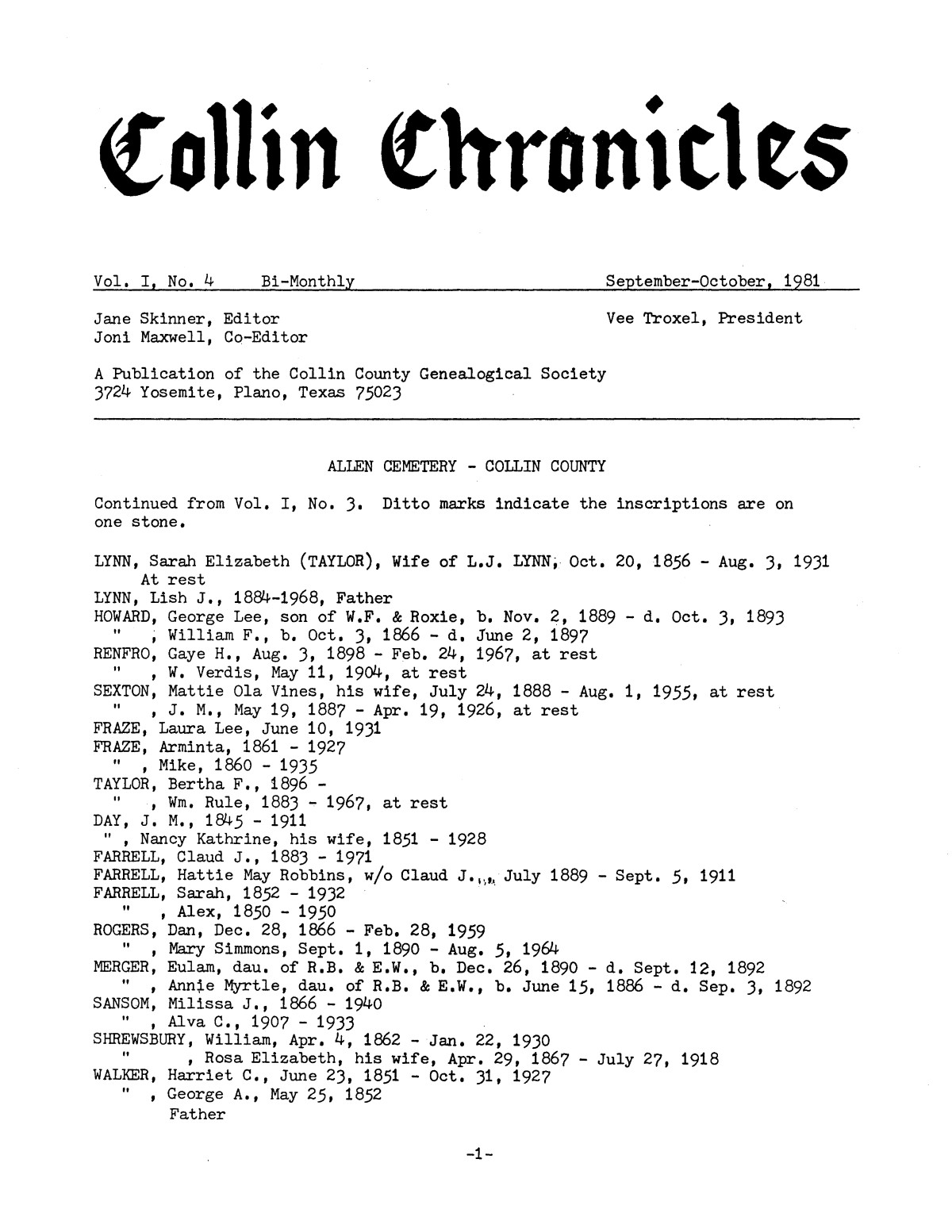 Collin Chronicles, Volume 1, Number 4, September-October, 1981
                                                
                                                    [Sequence #]: 1 of 8
                                                
