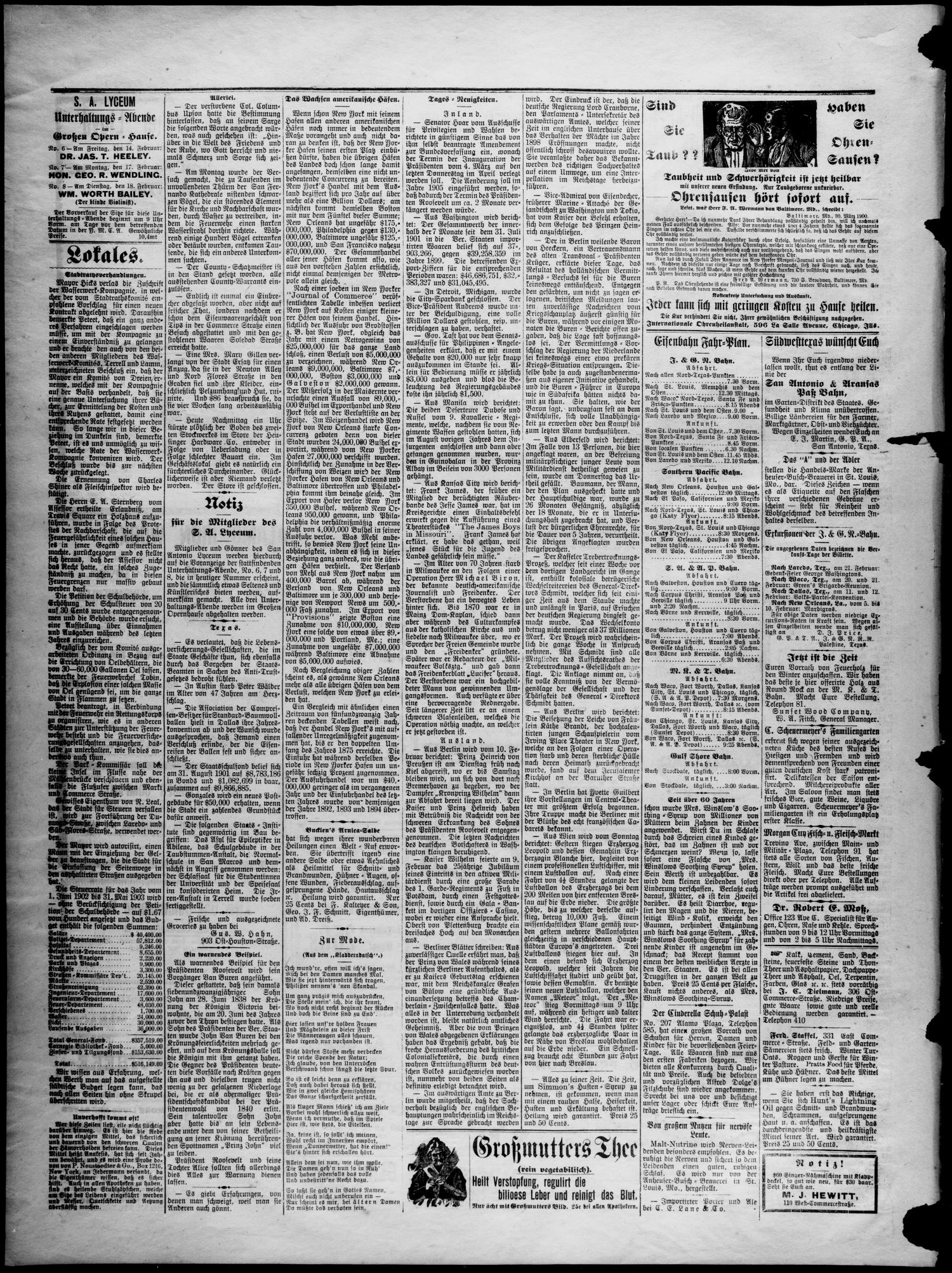 Freie Presse für Texas. (San Antonio, Tex.), Vol. 37, No. 6019, Ed. 1 Tuesday, February 11, 1902
                                                
                                                    [Sequence #]: 4 of 4
                                                