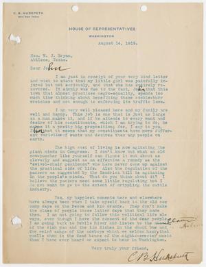 Primary view of object titled '[Letter from C. B. Hudspeth to Honorable W. J. Bryan, August 14, 1919]'.