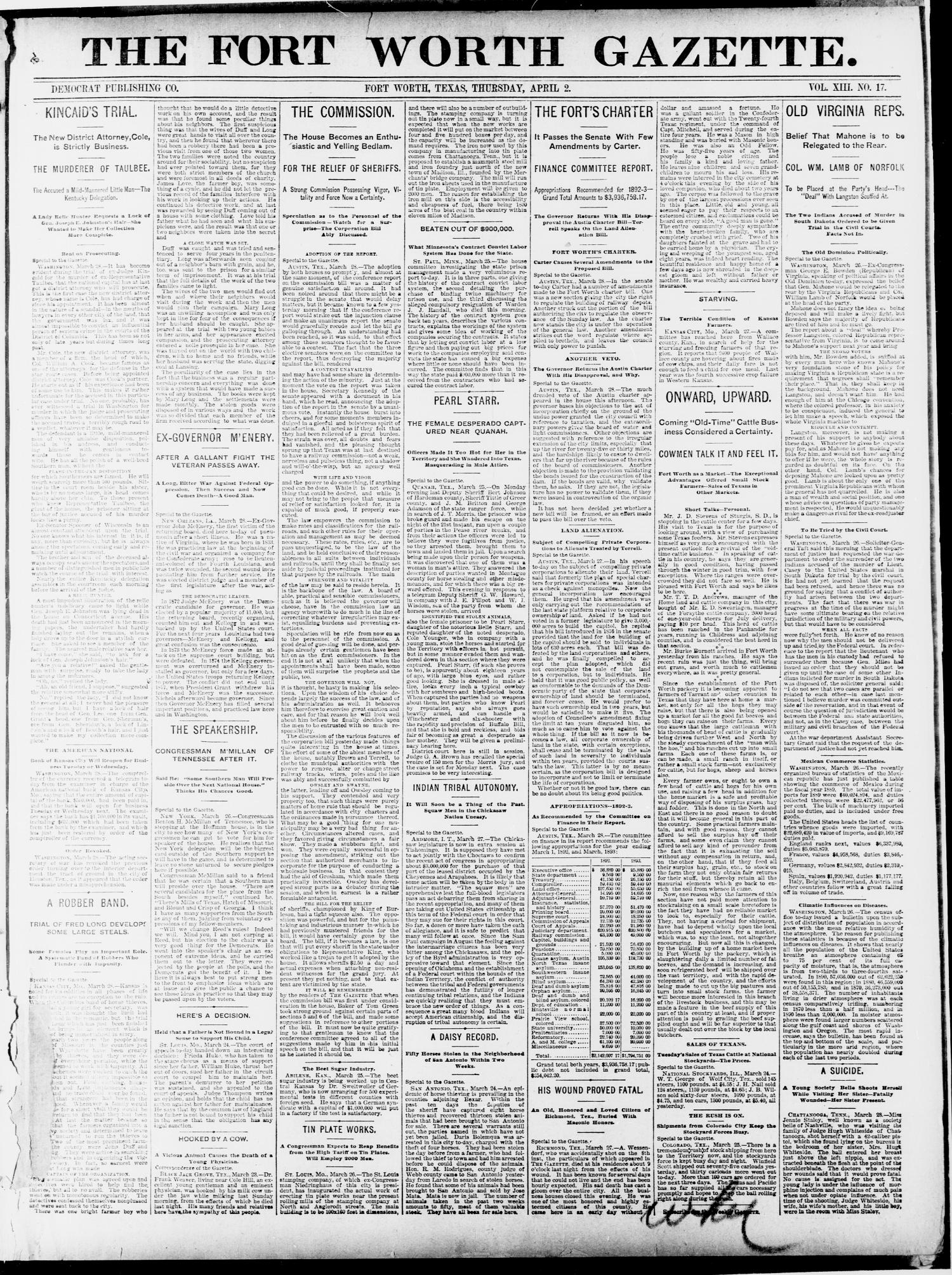 Fort Worth Gazette. (Fort Worth, Tex.), Vol. 13, No. 17, Ed. 1, Thursday, April 2, 1891
                                                
                                                    [Sequence #]: 1 of 20
                                                