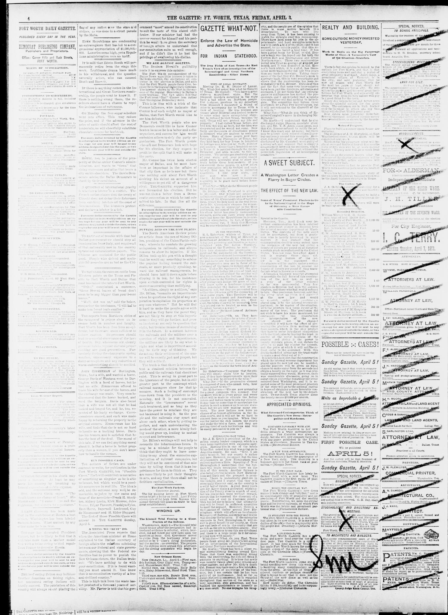 Fort Worth Gazette. (Fort Worth, Tex.), Vol. 15, No. 170, Ed. 1, Friday, April 3, 1891
                                                
                                                    [Sequence #]: 4 of 8
                                                