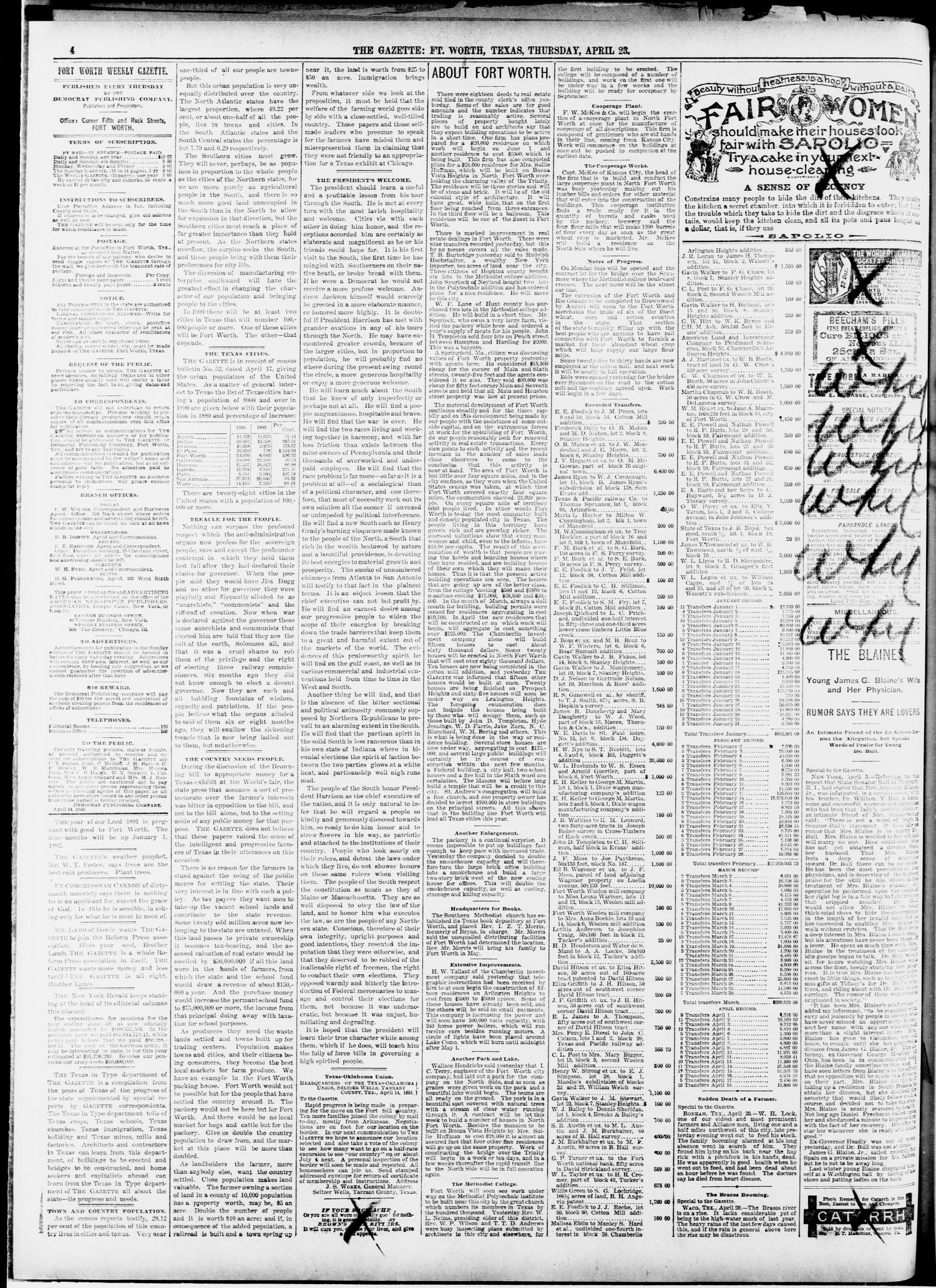 Fort Worth Gazette. (Fort Worth, Tex.), Vol. 13, No. 20, Ed. 1, Thursday, April 23, 1891
                                                
                                                    [Sequence #]: 4 of 20
                                                