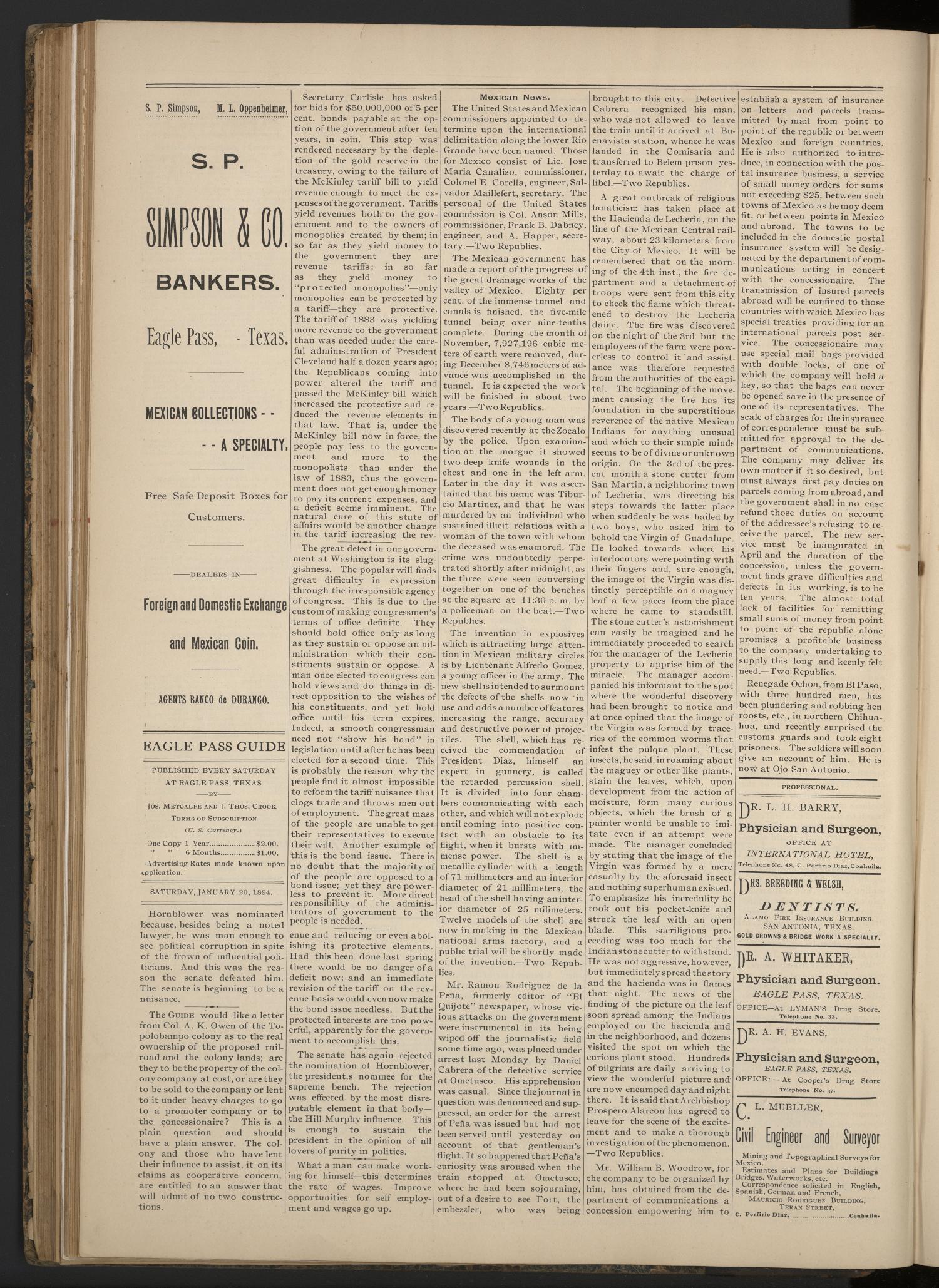 Eagle Pass Guide. (Eagle Pass, Tex.), Vol. 6, No. 21, Ed. 1 Saturday, January 20, 1894
                                                
                                                    [Sequence #]: 4 of 8
                                                