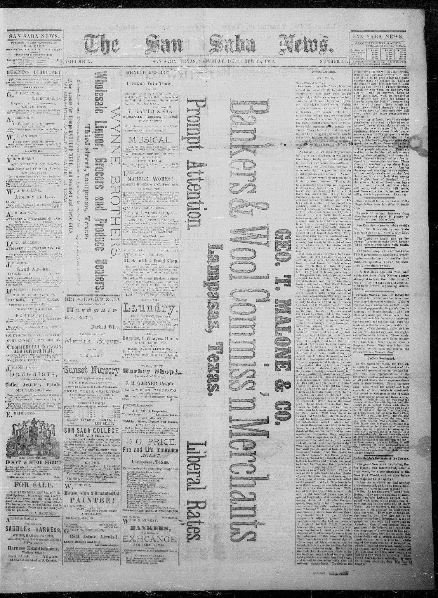 The San Saba News. (San Saba, Tex.), Vol. 10, No. 13, Ed. 1, Saturday, December 15, 1883
                                                
                                                    [Sequence #]: 1 of 4
                                                