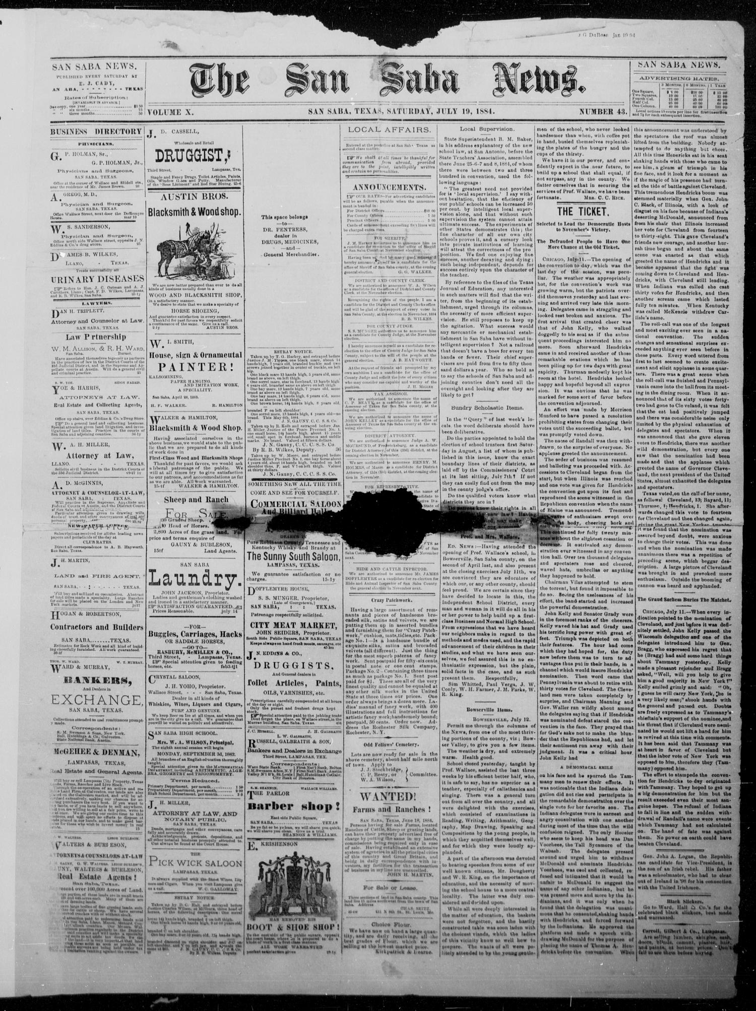 The San Saba News. (San Saba, Tex.), Vol. 10, No. 43, Ed. 1, Saturday, July 19, 1884
                                                
                                                    [Sequence #]: 1 of 4
                                                