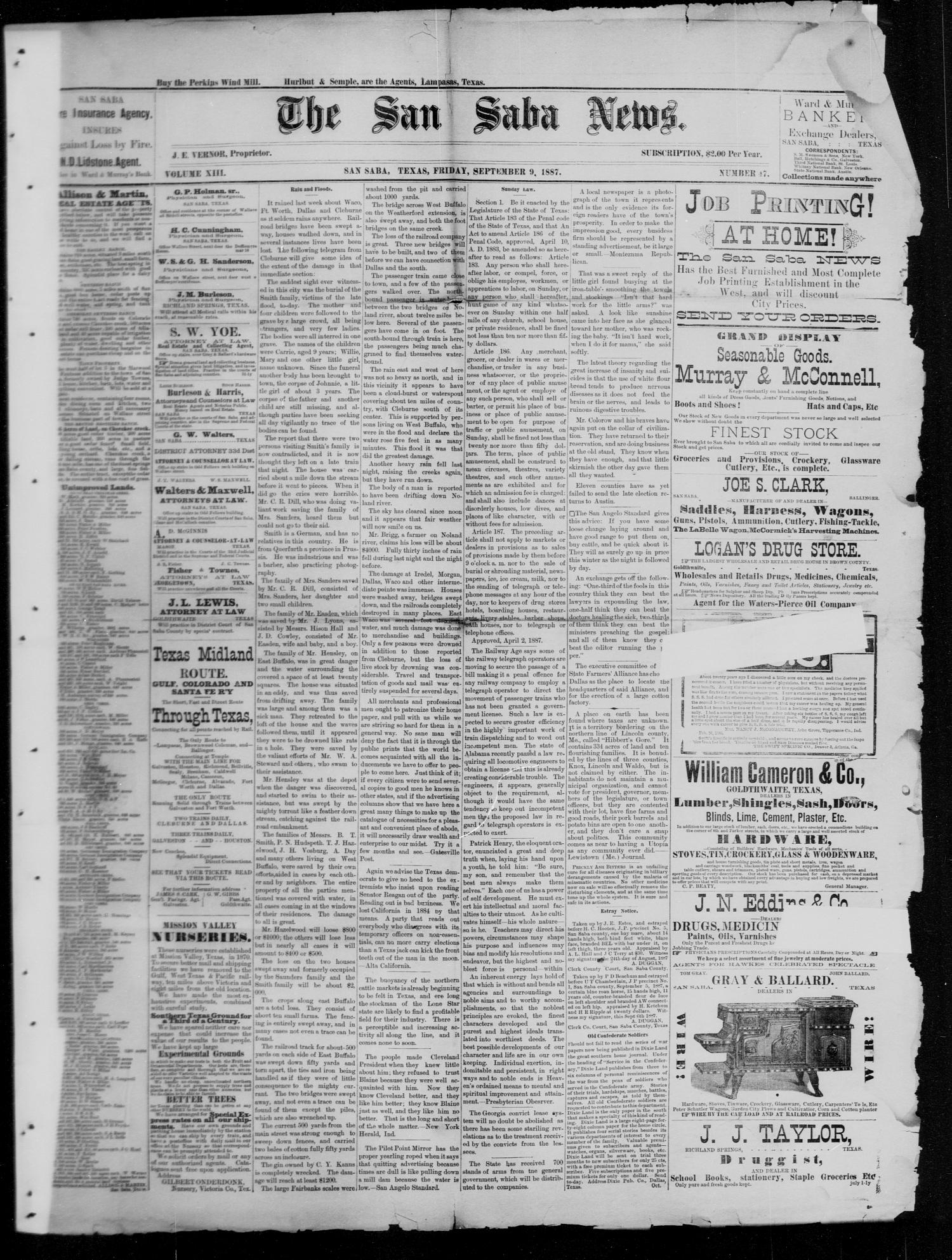 The San Saba News. (San Saba, Tex.), Vol. 13, No. 47, Ed. 1, Friday, September 9, 1887
                                                
                                                    [Sequence #]: 1 of 4
                                                