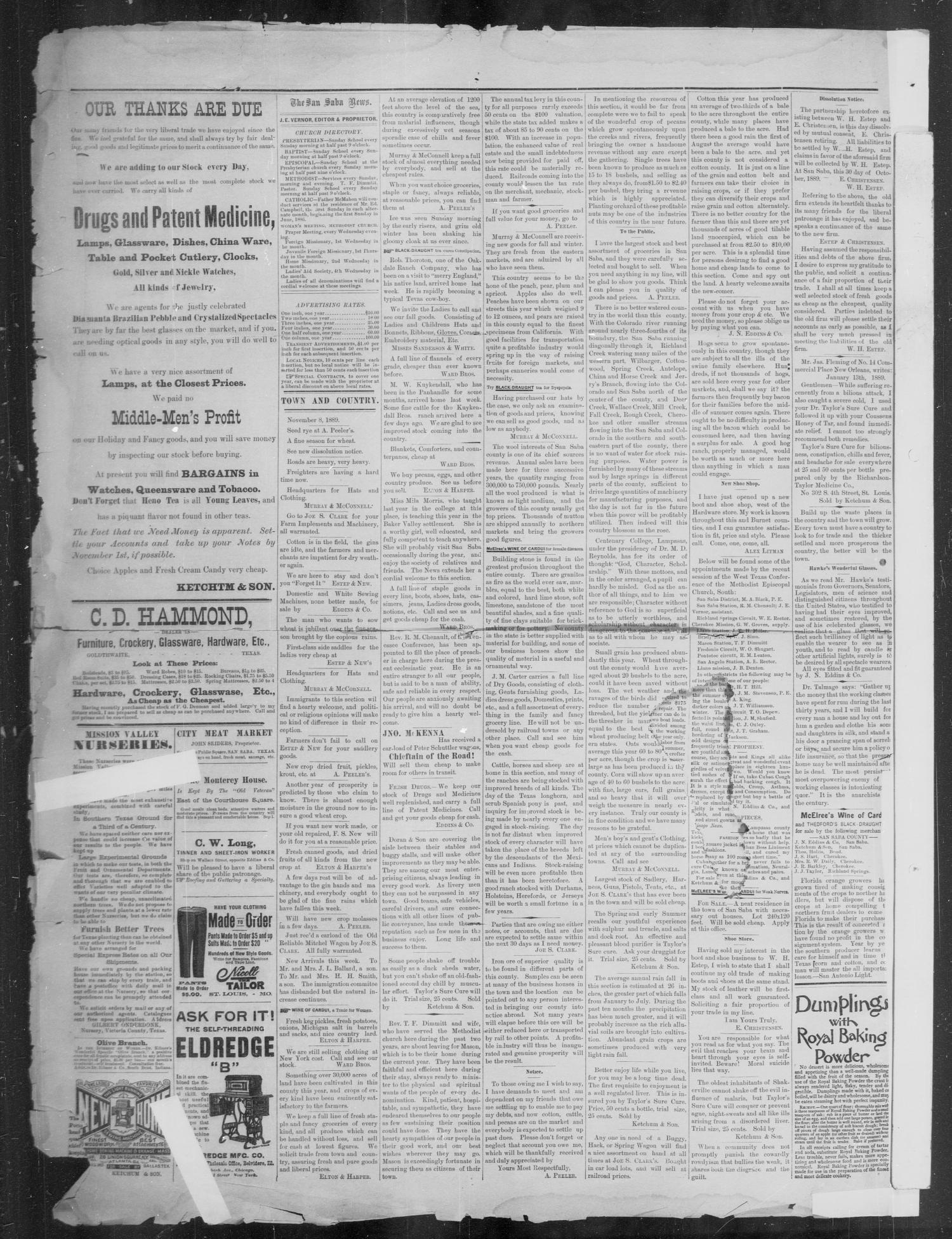 The San Saba News. (San Saba, Tex.), Vol. 16, No. 2, Ed. 1, Friday, November 8, 1889
                                                
                                                    [Sequence #]: 4 of 4
                                                