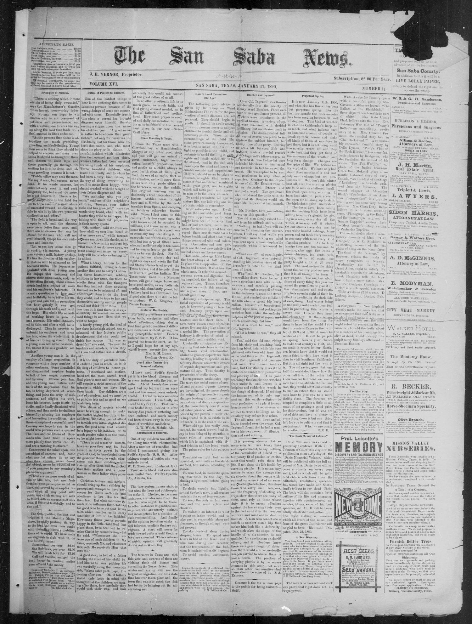 The San Saba News. (San Saba, Tex.), Vol. 16, No. 11, Ed. 1, Friday, January 17, 1890
                                                
                                                    [Sequence #]: 1 of 4
                                                