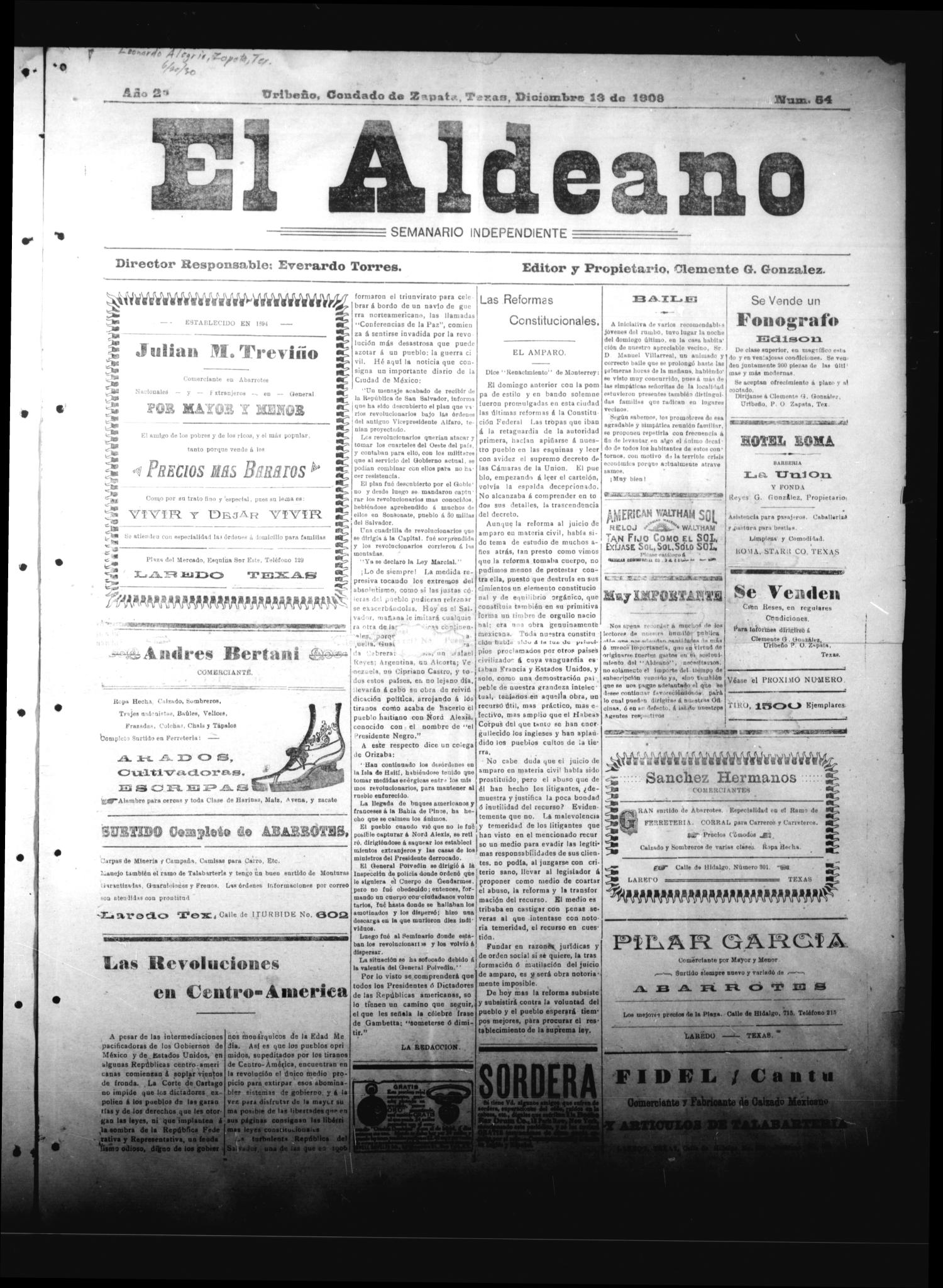 El Aldeano (Uribeño, Tex.), Vol. 2, No. 54, Ed. 1 Sunday, December 13, 1908
                                                
                                                    [Sequence #]: 1 of 4
                                                