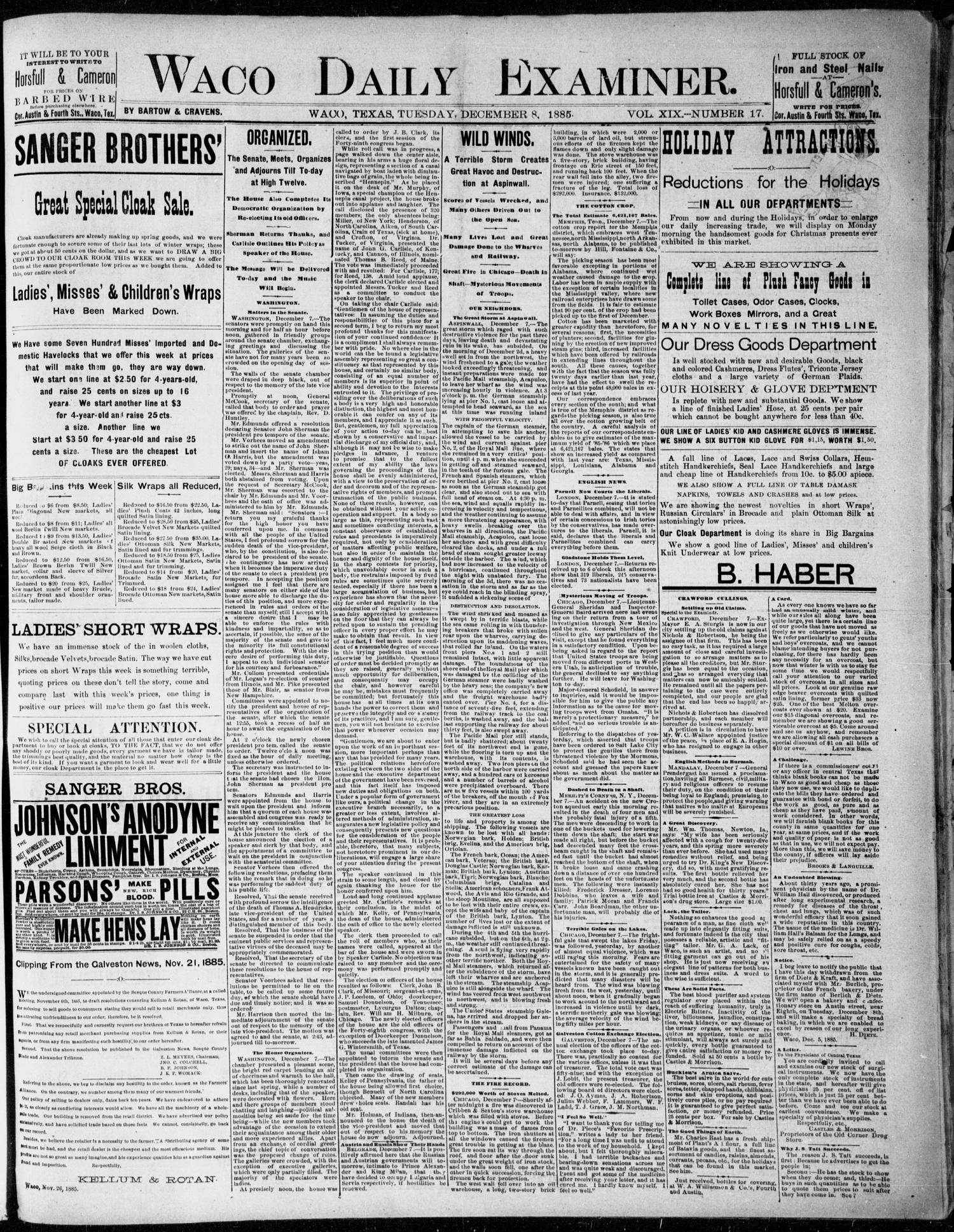 Waco Daily Examiner. (Waco, Tex.), Vol. 19, No. 17, Ed. 1, Tuesday, December 8, 1885
                                                
                                                    [Sequence #]: 1 of 4
                                                